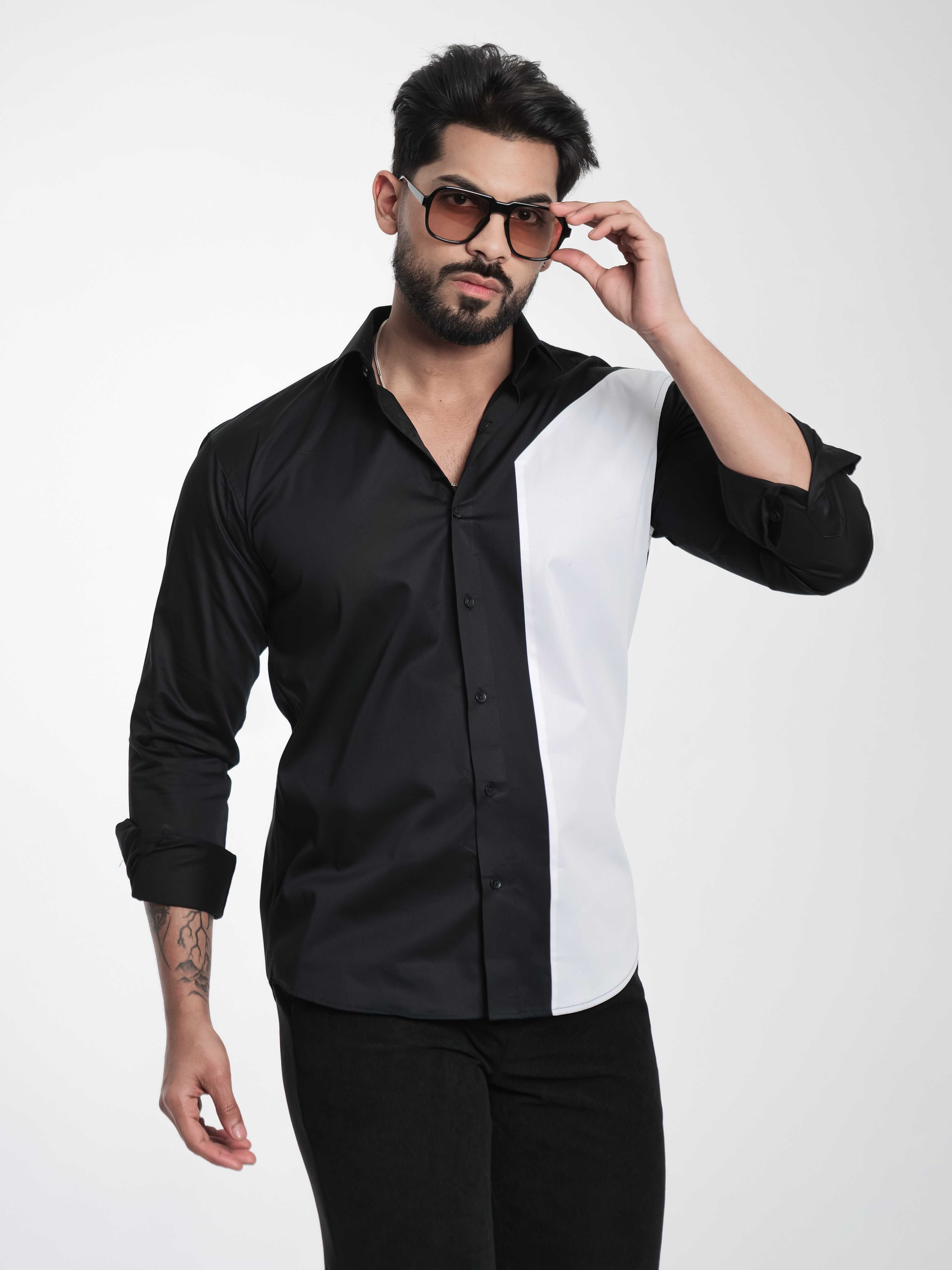 FOOMER BLACK AND WHITE CUT N SEW DESIGNER SHIRT FOR MEN&#39;S