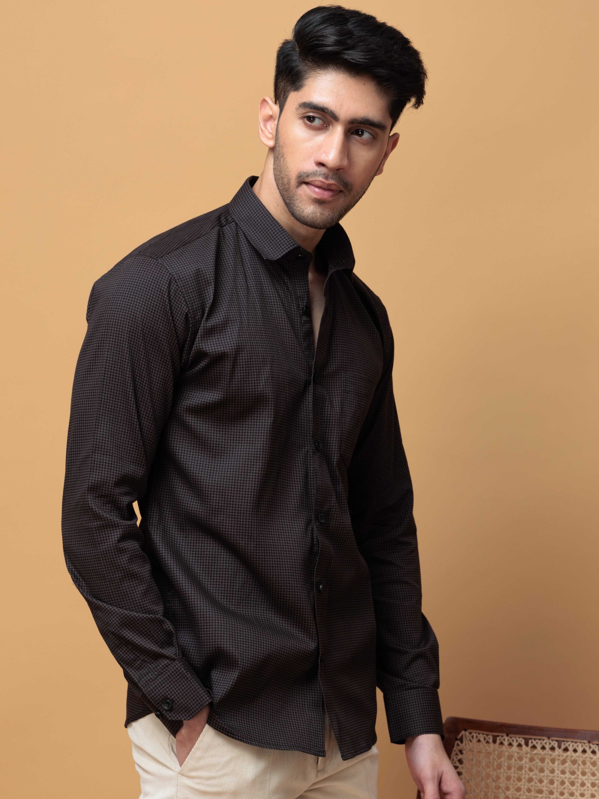 FOOMER DARK GREY MINI CHECKED COTTON CASUAL SHIRT FOR MEN'S