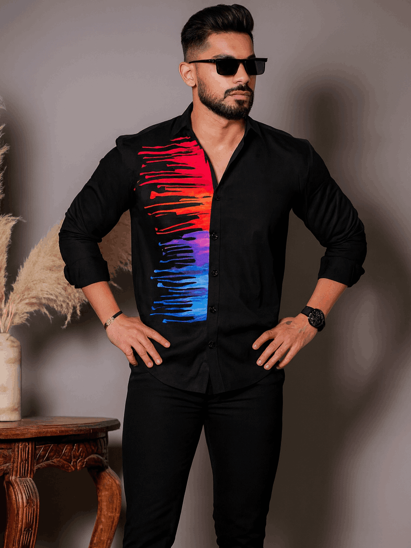 Black Club Wear Printed Satin Cotton Shirt
