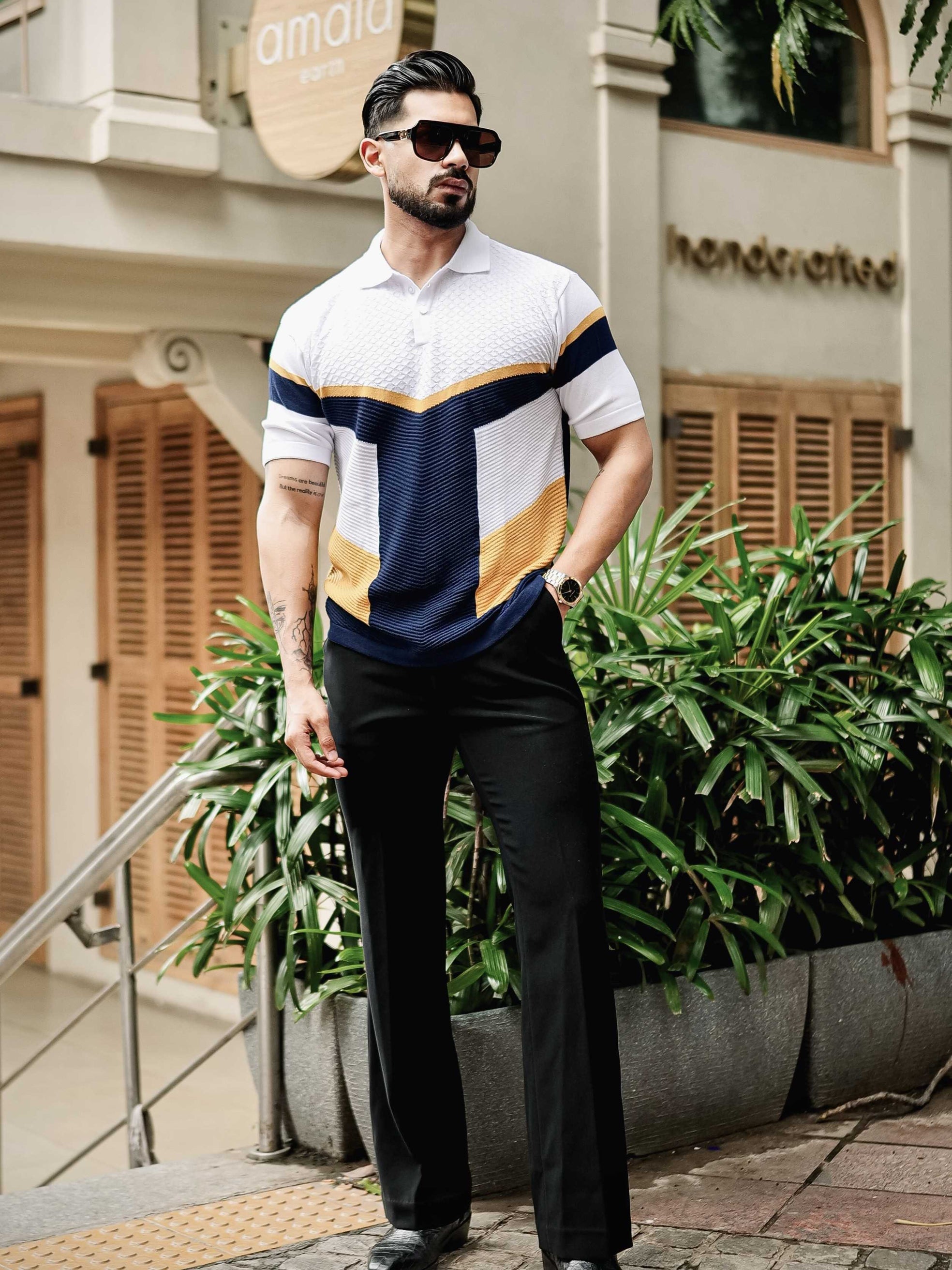 FOOMER WHITE AND NAVY HALF SLEEVE KNITTED TSHIRT FOR MEN'S