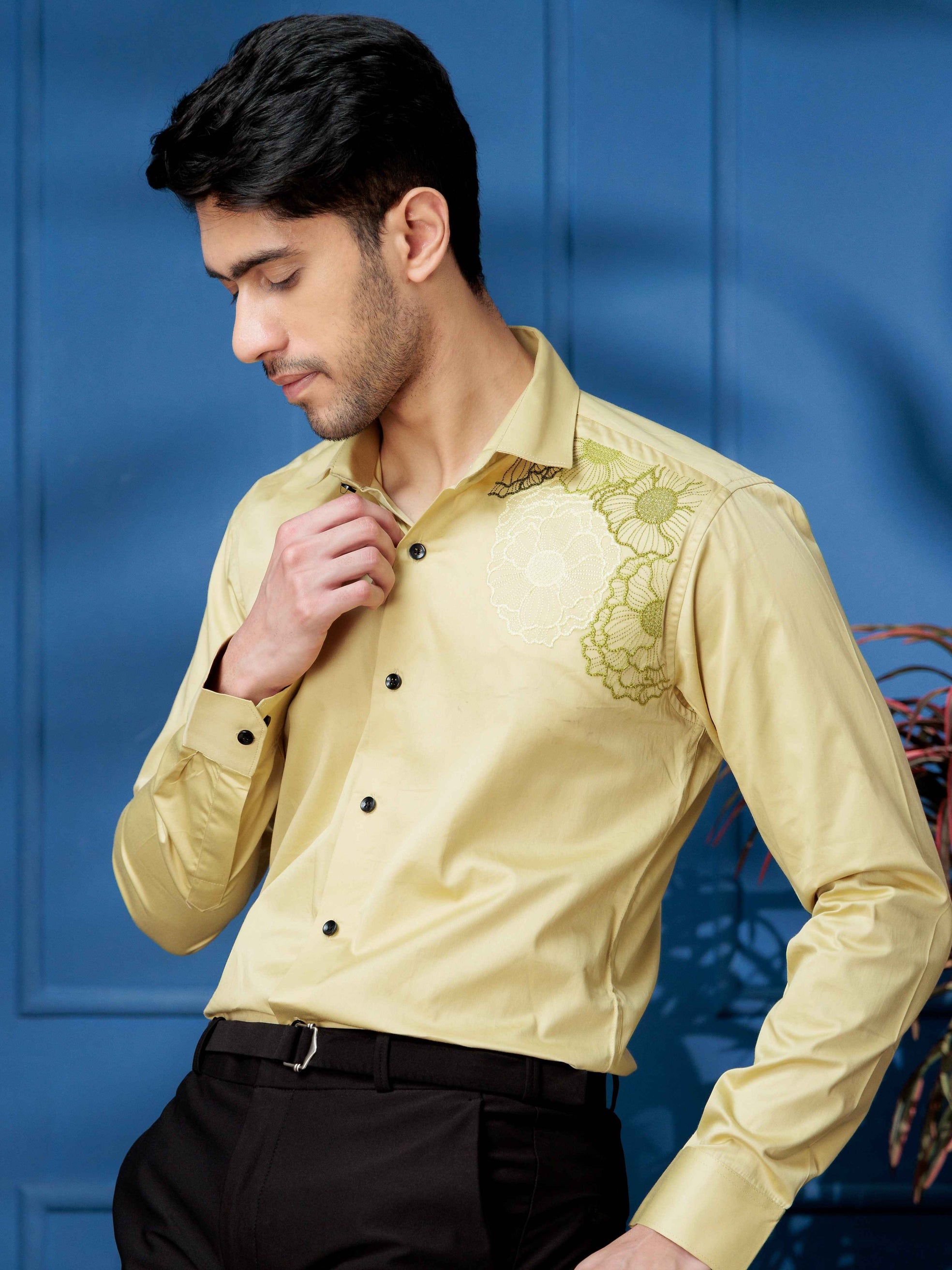 FOOMER FLOWER EMBROIDERED CLUB WEAR SATIN COTTON SHIRT FOR MEN