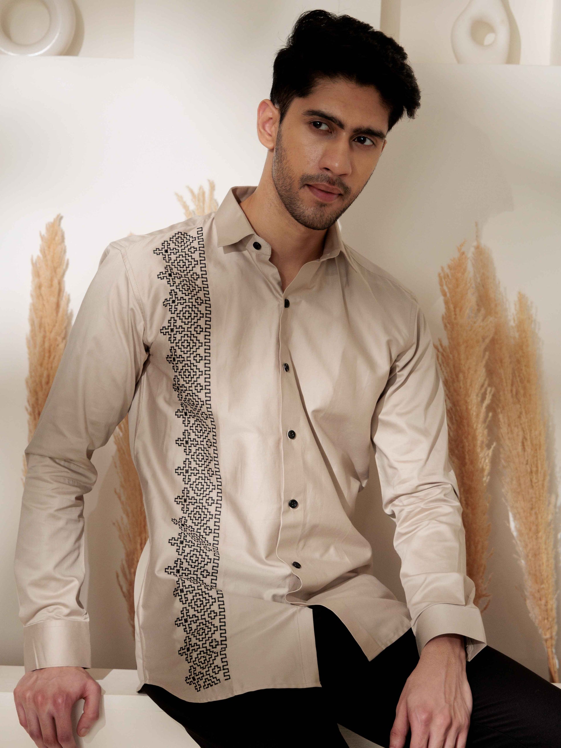 FOOMER CREAM EMBROIDERED DESIGNER WEAR SATIN COTTON SHIRT