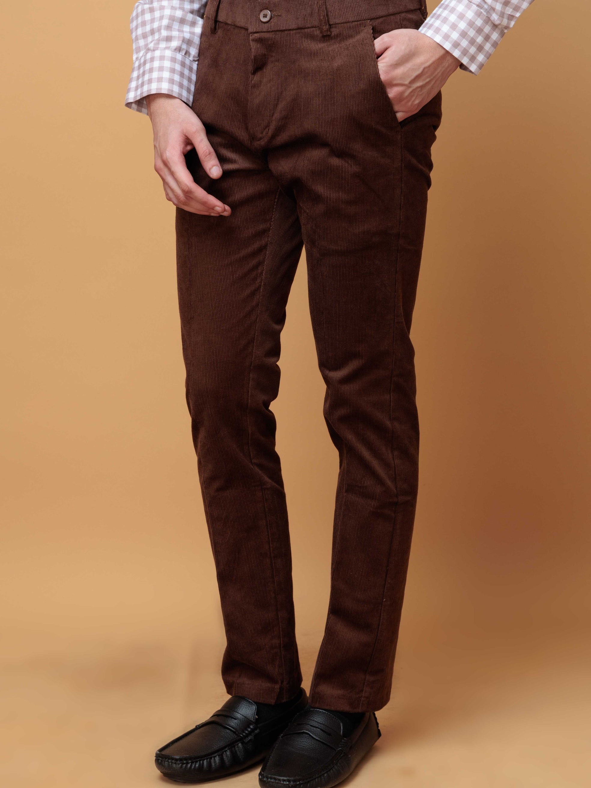 BROWN CORDUROY RELAXED FIT TROUSERS FOR MEN'S