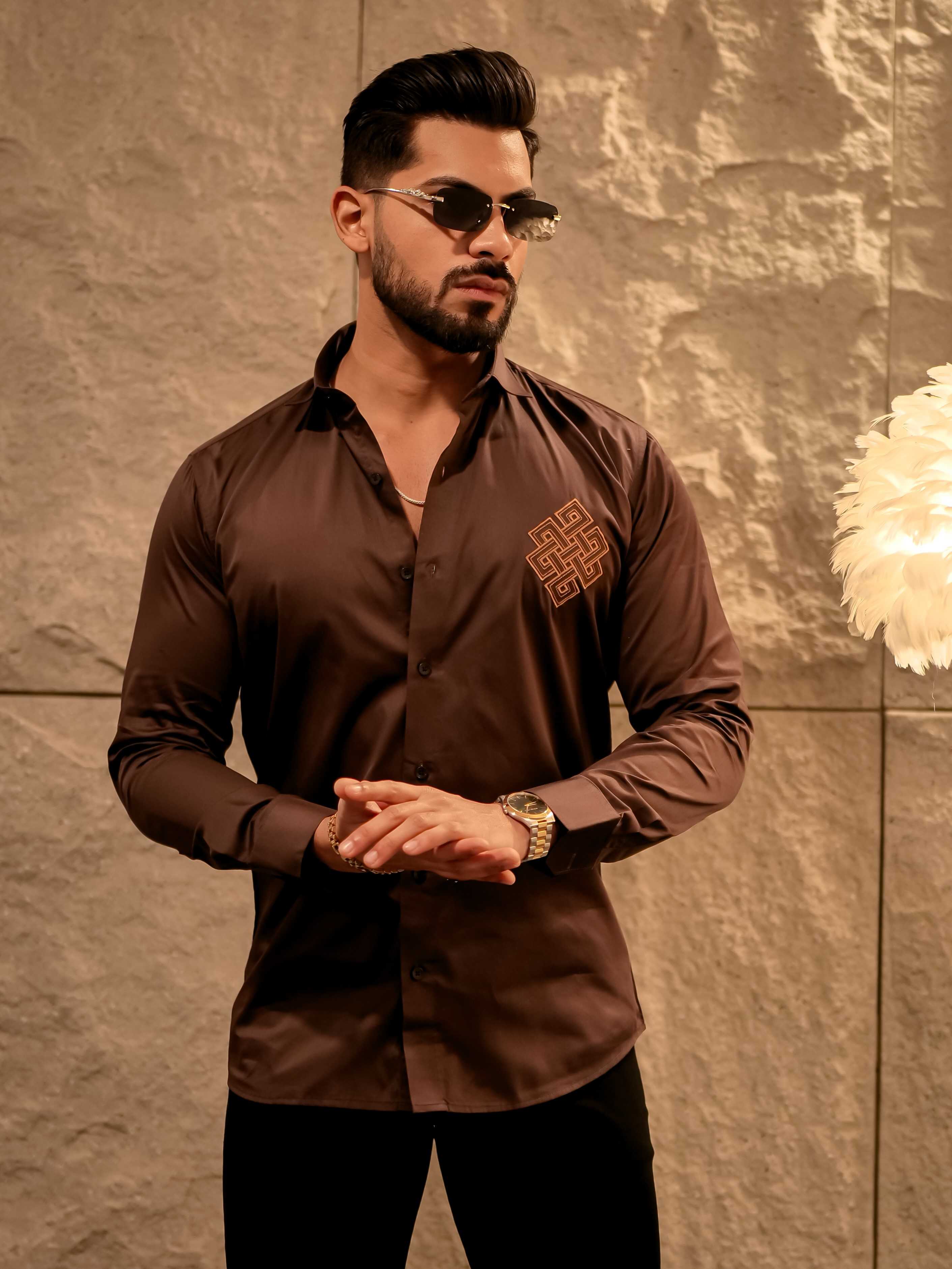 Aesthetic Brown Golden Embroidered Premium Cotton Shirt For Men