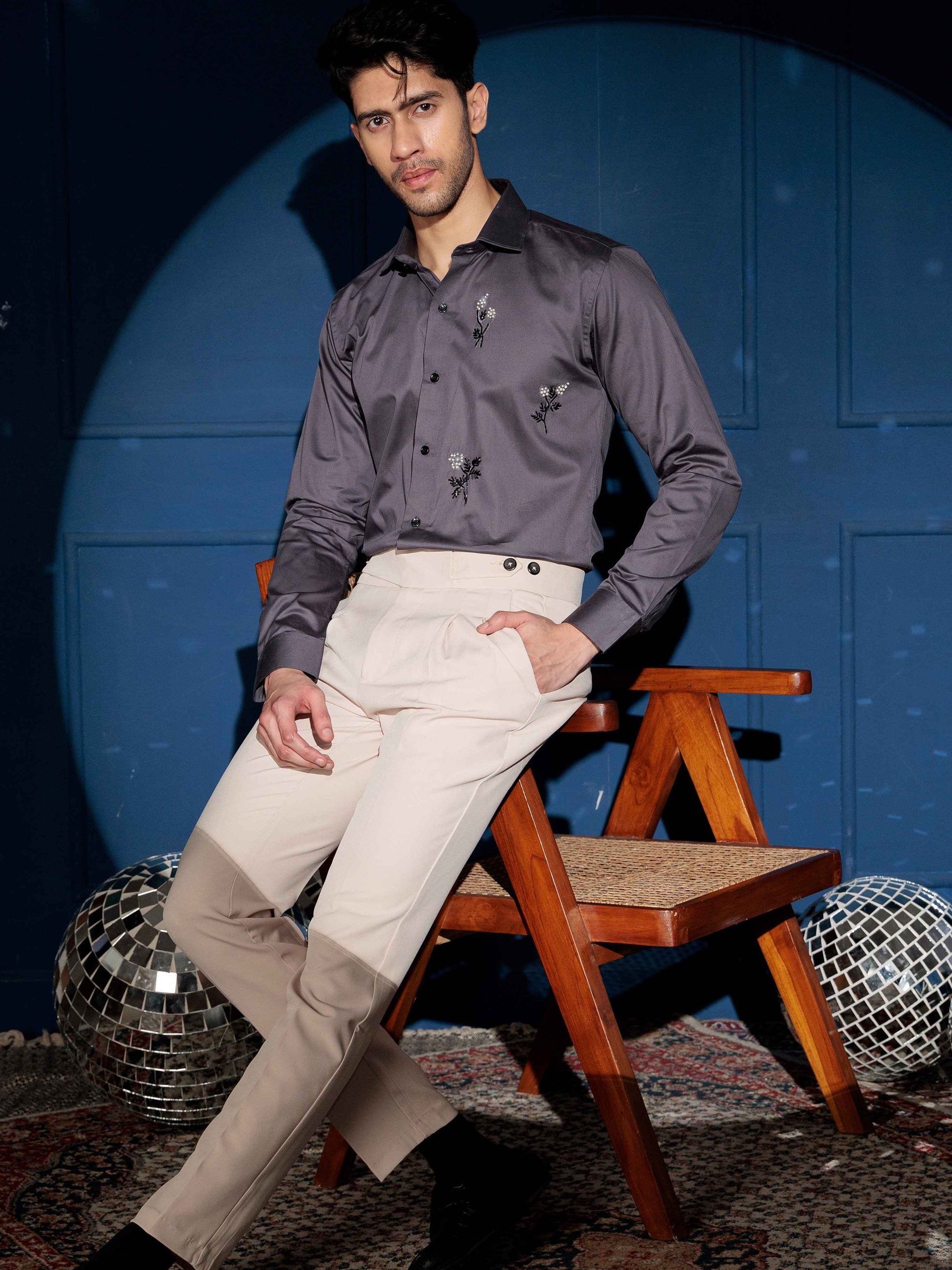 FOOMER FLORAL HD RHINESTONE HAND WORK SATIN COTTON SHIRT