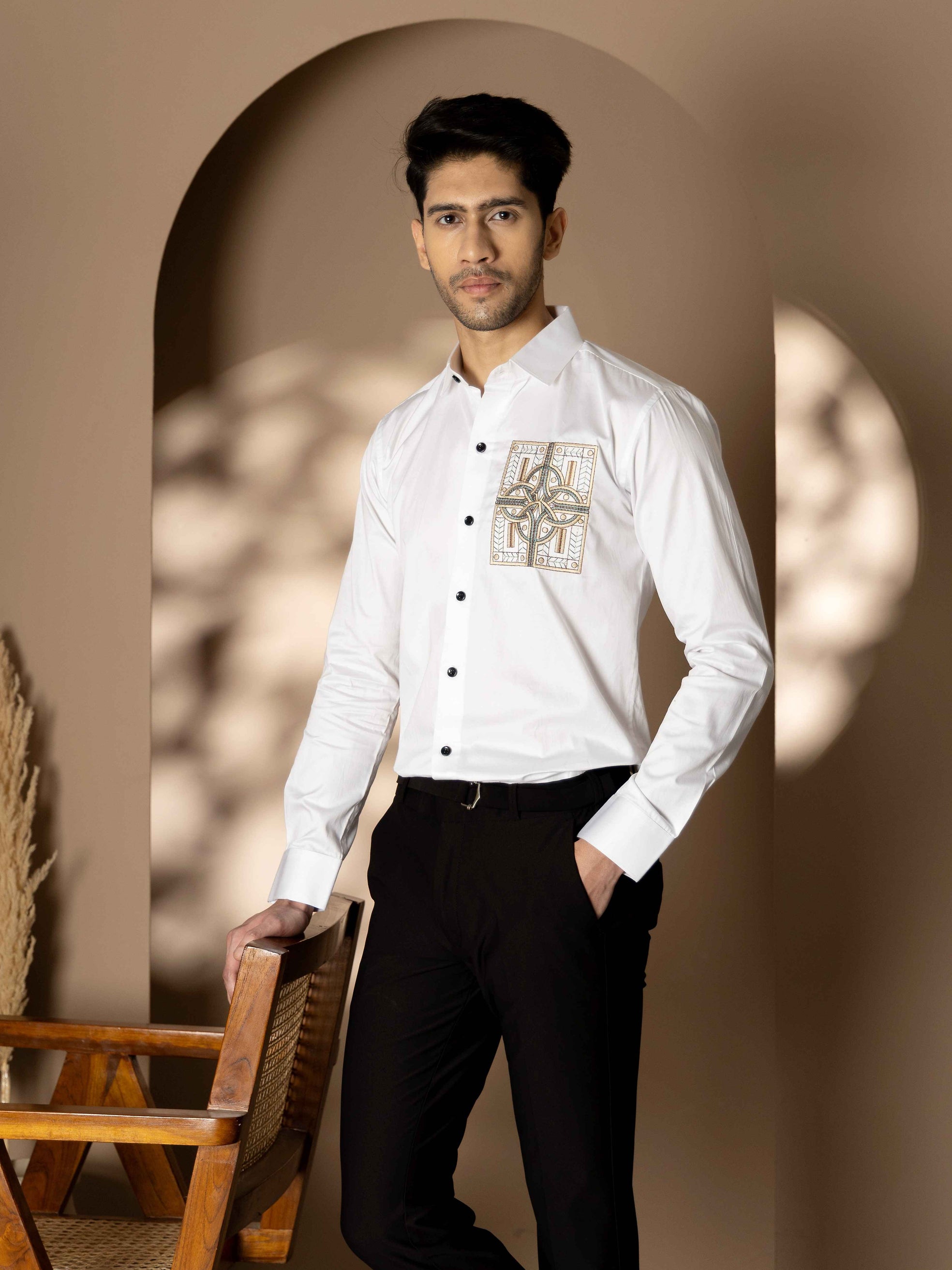FOOMER WHITE GOLDEN EMBROIDERED CLUB WEAR SATIN COTTON SHIRT