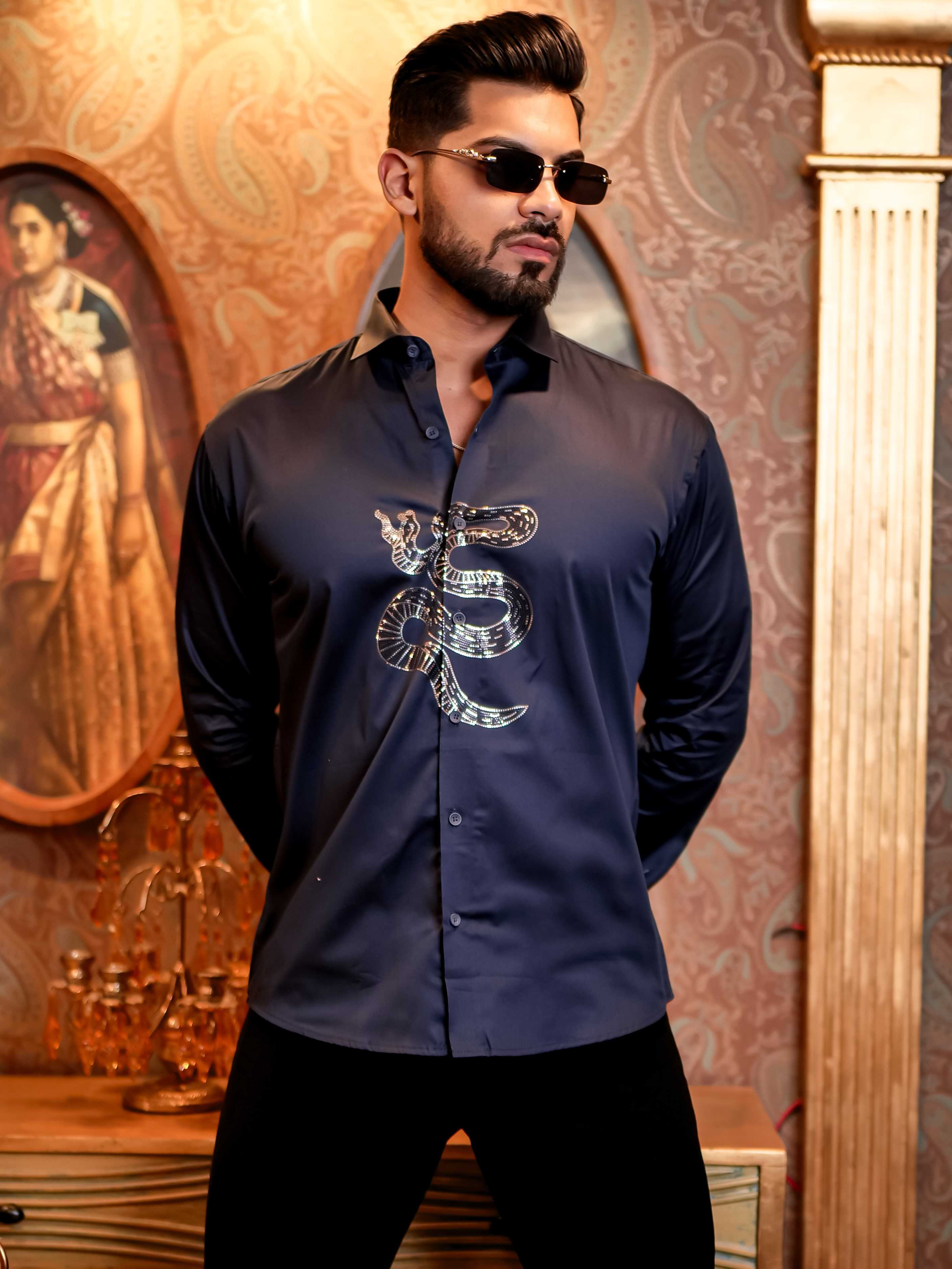 Snake Navy Sequence Club Wear Satin Cotton Party Shirt