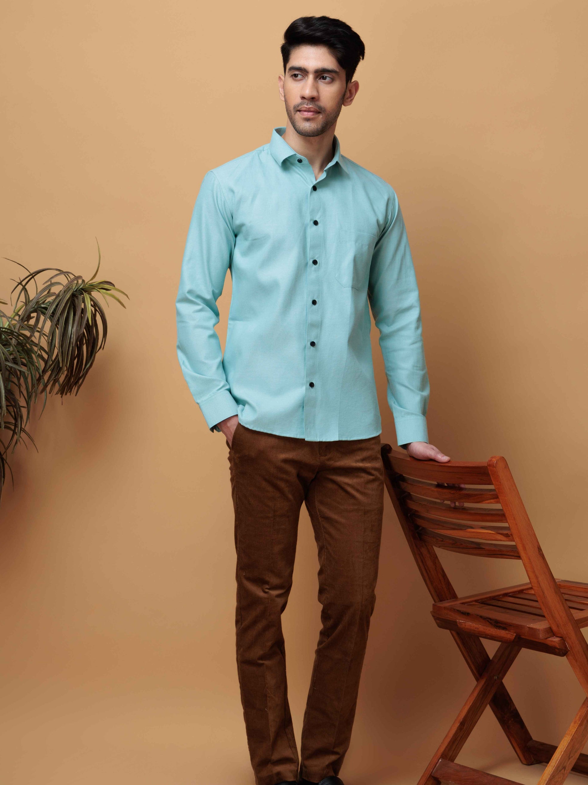 FORMAL CYAN PLAIN OXFORD COTTON CASUAL SHIRT FOR MEN'S