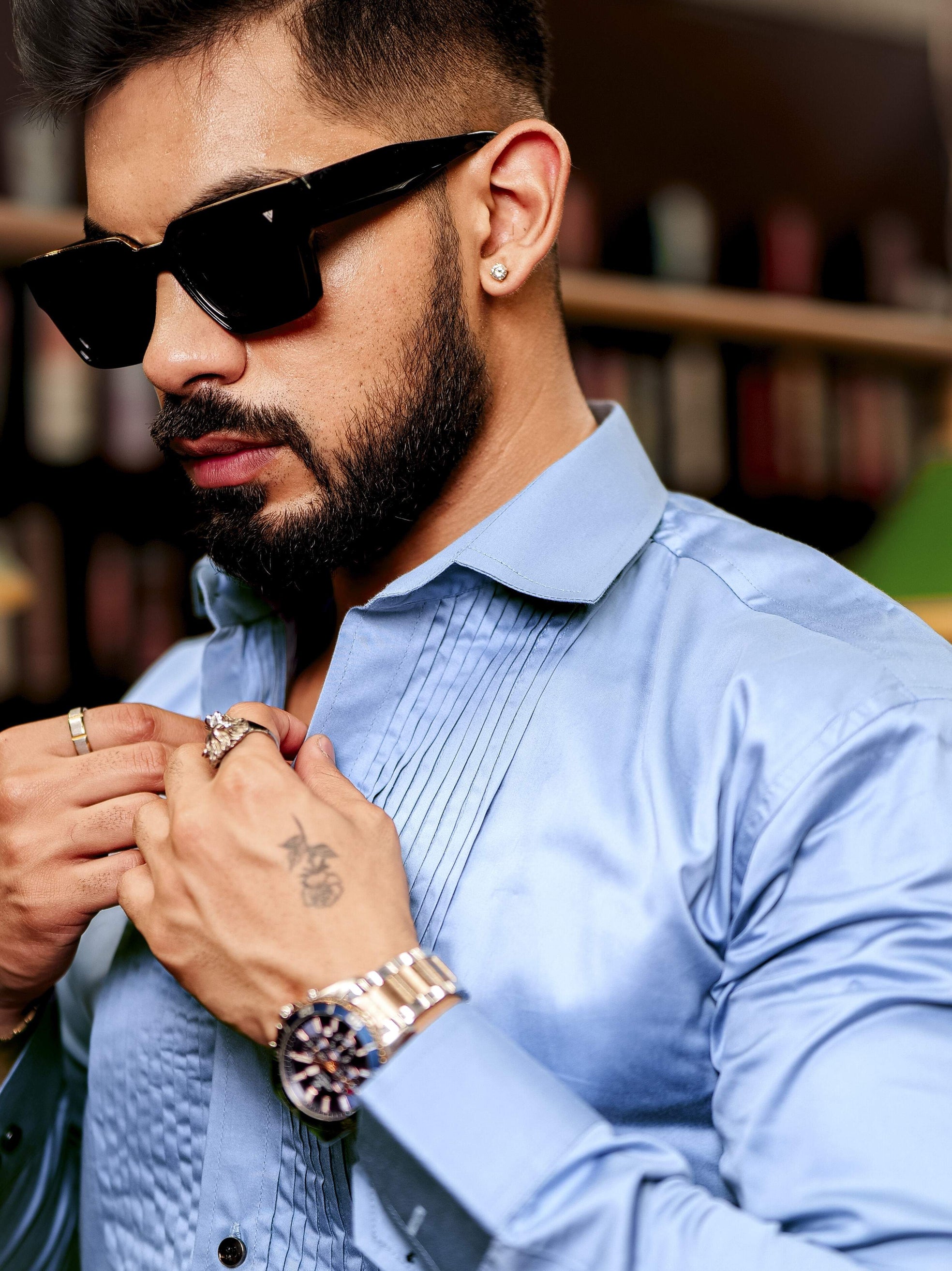 Sky Subtle Sheen Tuxedo Premium Giza Satin Cotton Shirt