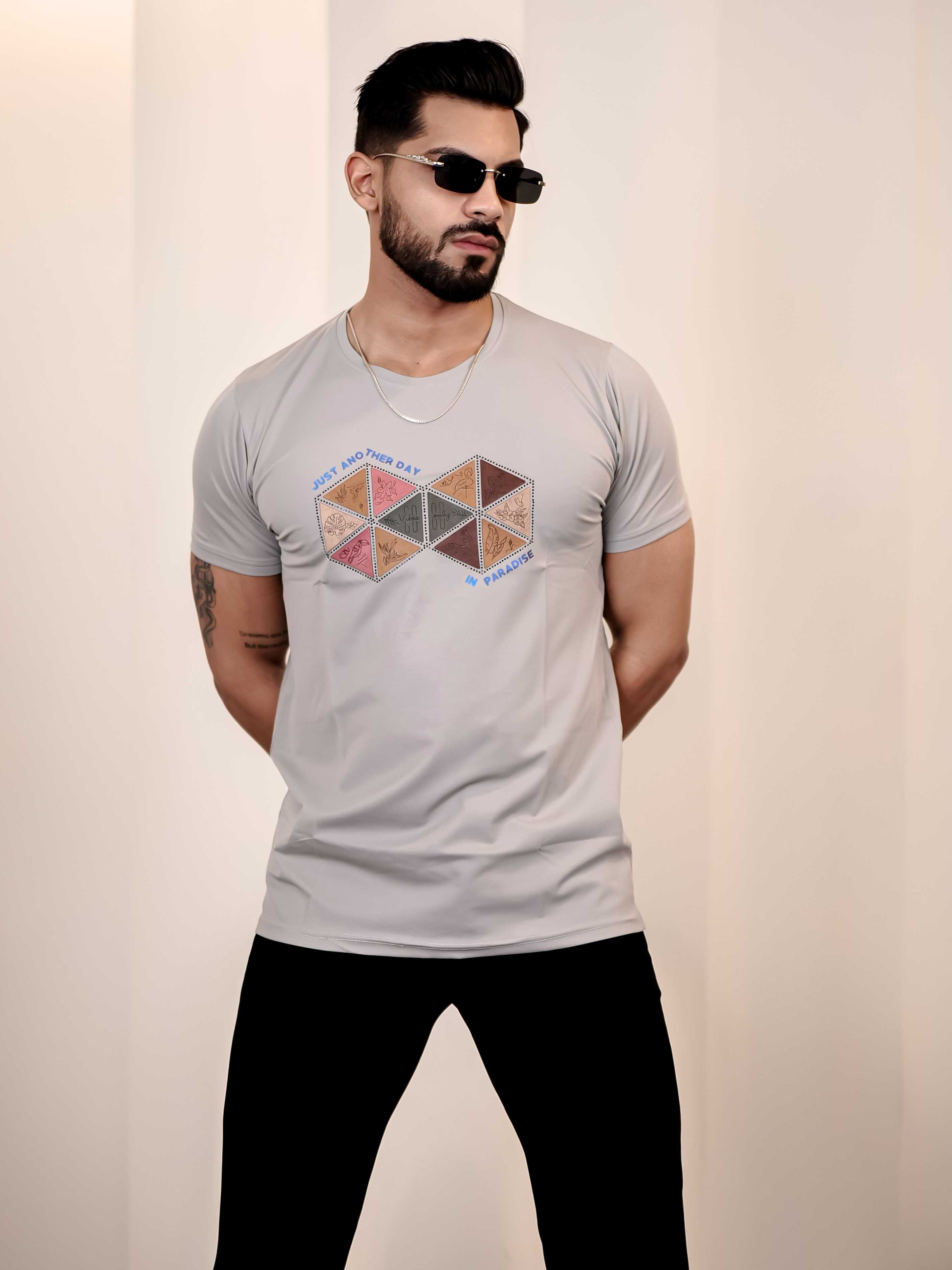 Grey Round Neck Imported Cotton Half Sleeve Premium Designer T-Shirt