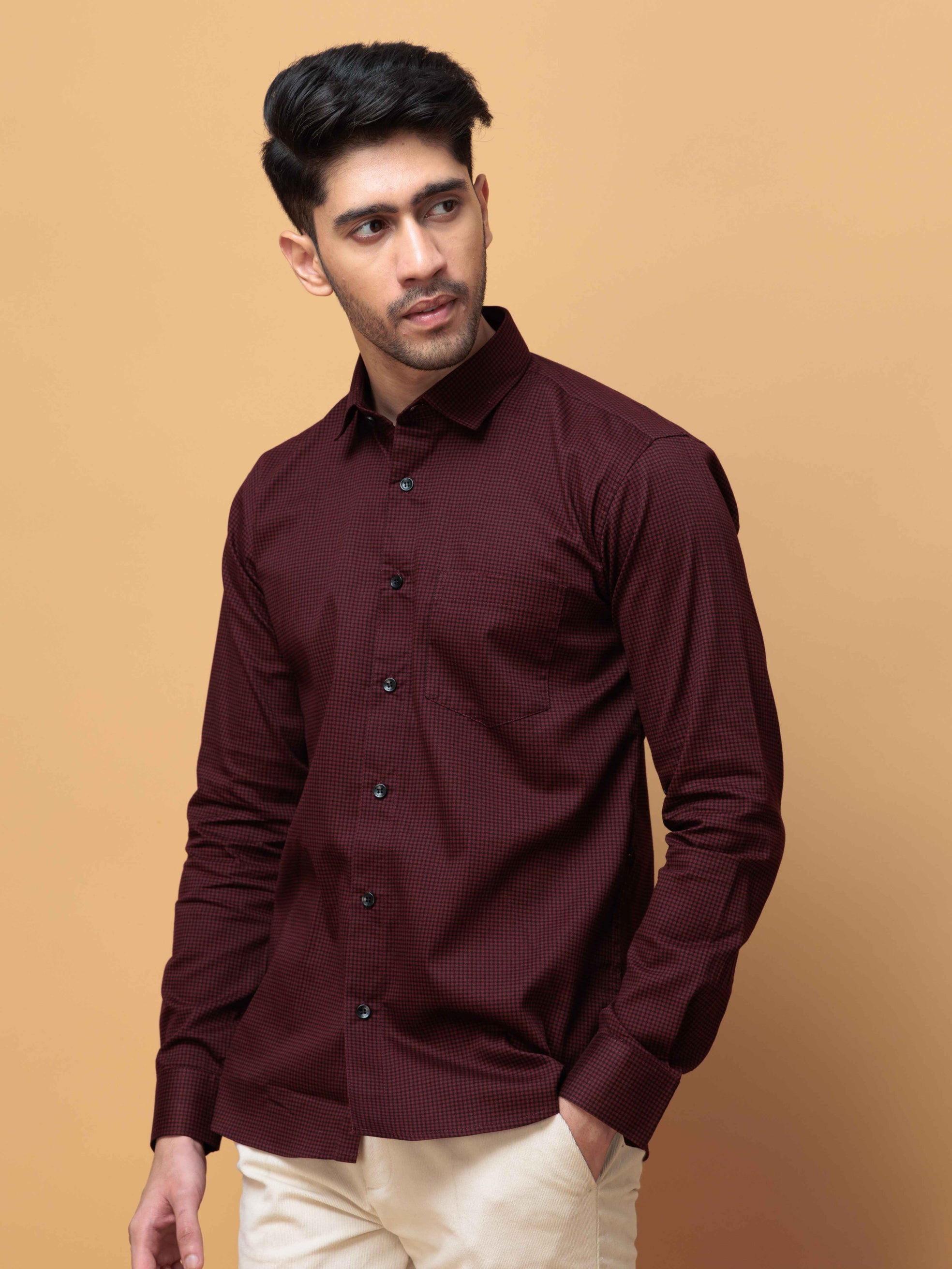 FOOMER WINE MINI CHECKED COTTON CASUAL SHIRT FOR MEN'S