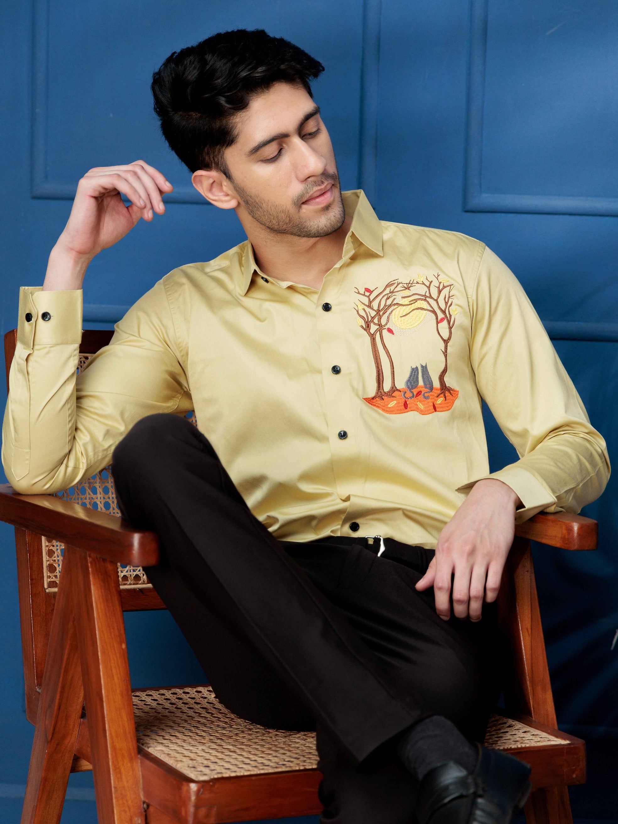 FOOMER COUPLE CAT EMBROIDERED CLUB WEAR SATIN COTTON SHIRT FOR MEN