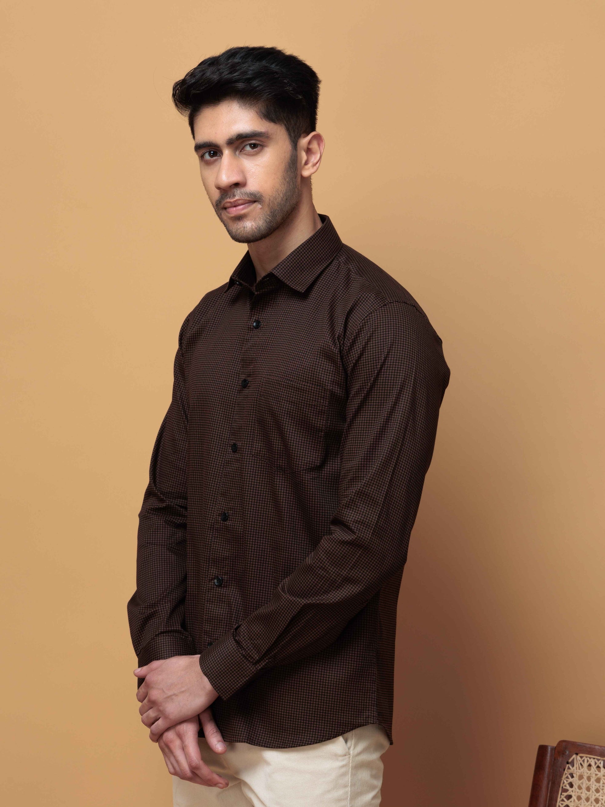 FOOMER BROWN MINI CHECKED COTTON CASUAL SHIRT FOR MEN'S