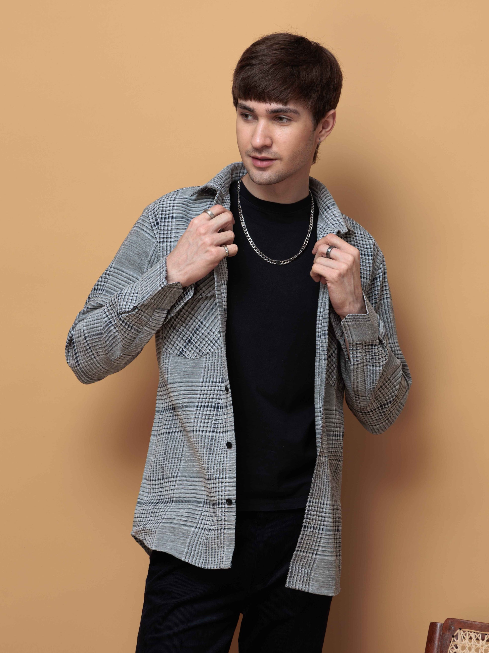 FOOMER GREY GLEN CHECKED CASUAL SHIRT FOR MEN'S