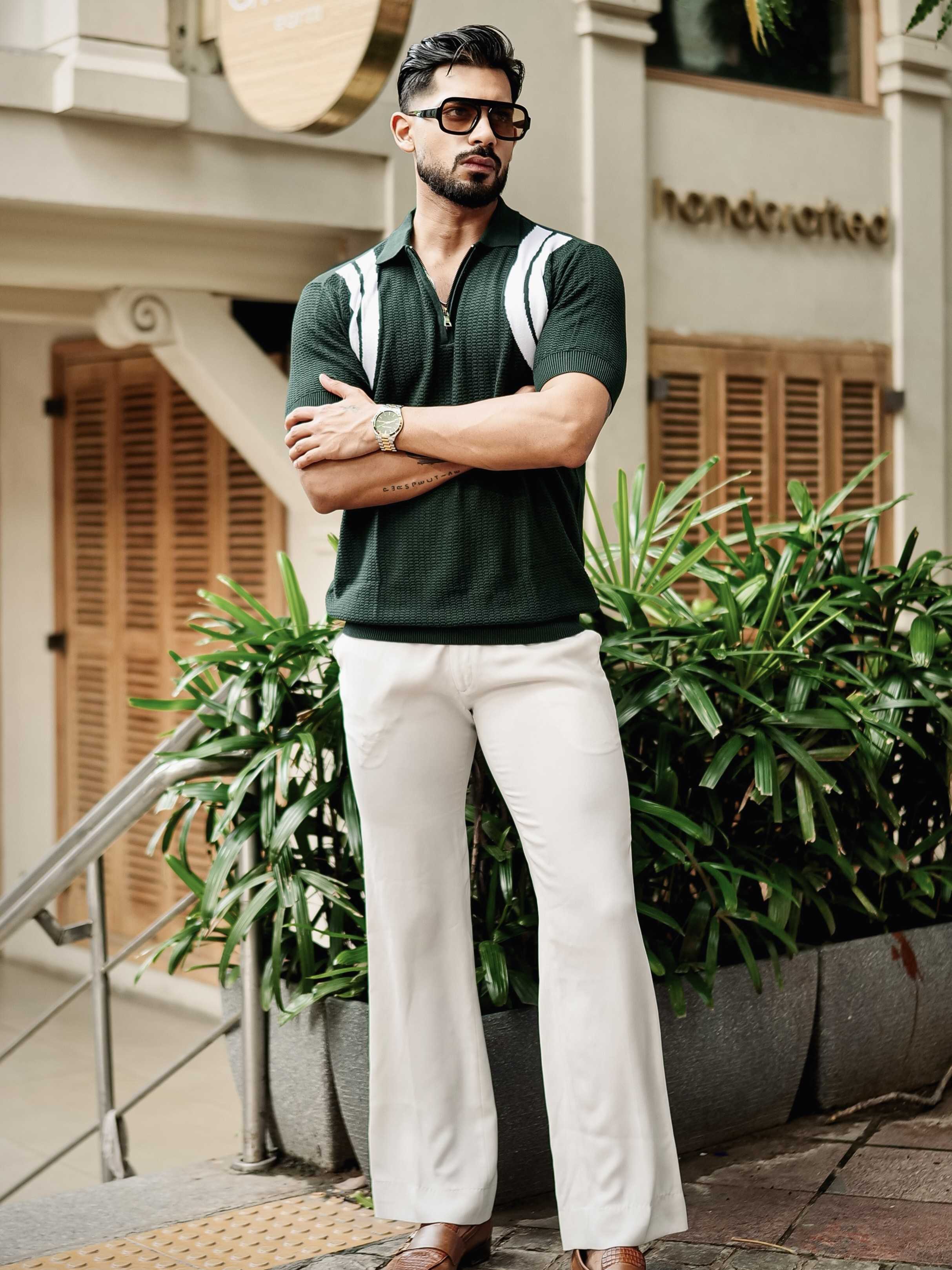 FOOMER GREEN HALF SLEEVE KNITTED TSHIRT FOR MEN'S