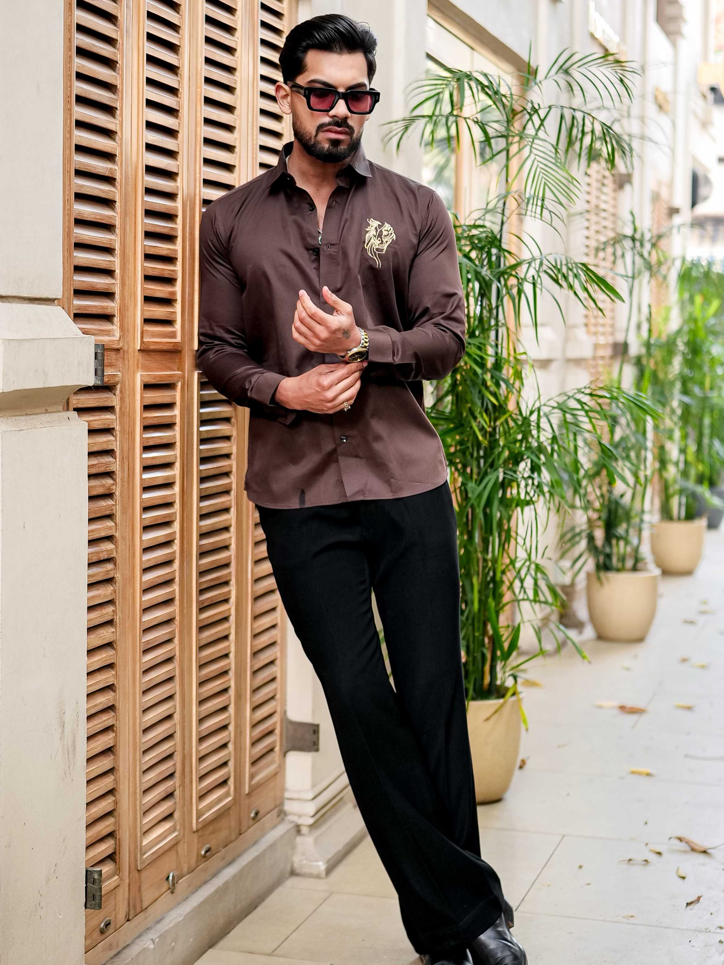 Brown Club Wear Embroidery Satin Cotton Shirt