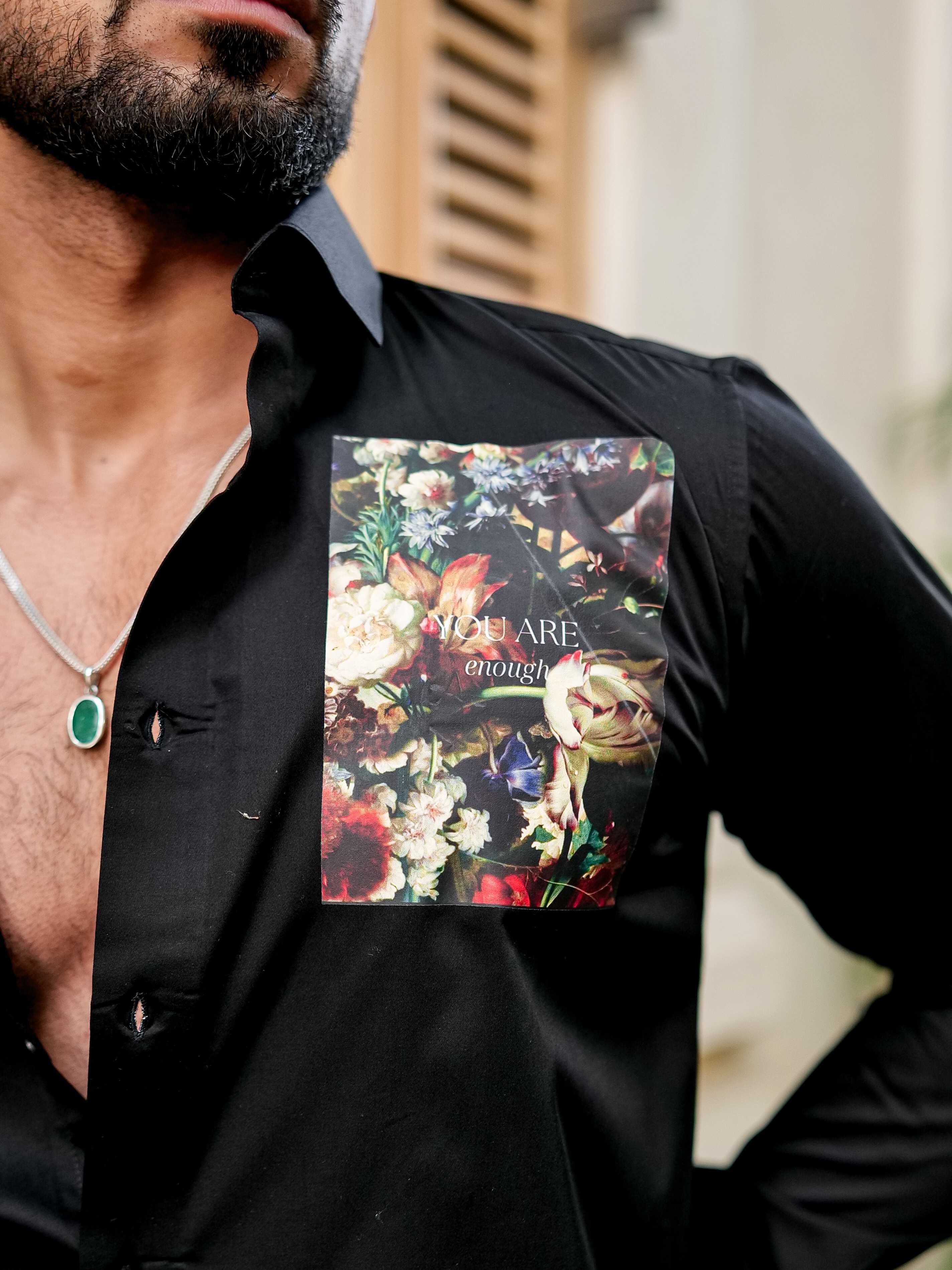 Black Club Wear Printed Satin Cotton Shirt