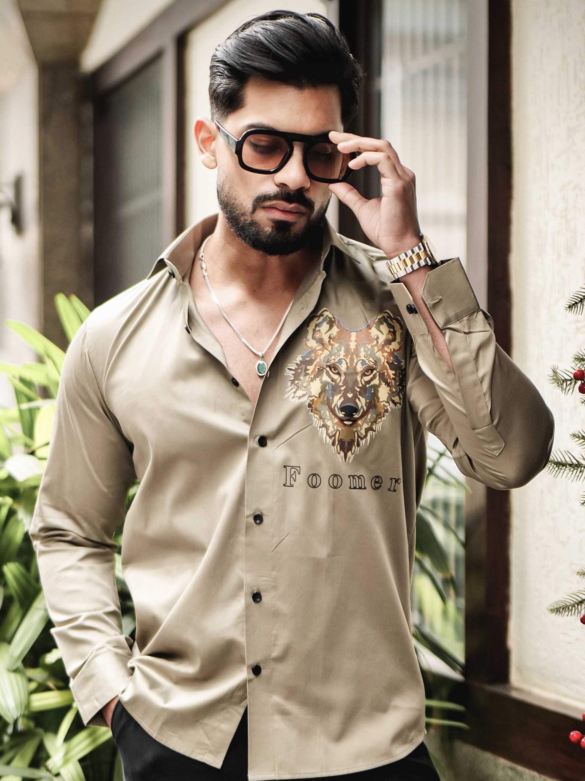 FOOMER GREEN WOLVE PRINTED SATIN COTTON SHIRT FOR MEN'S