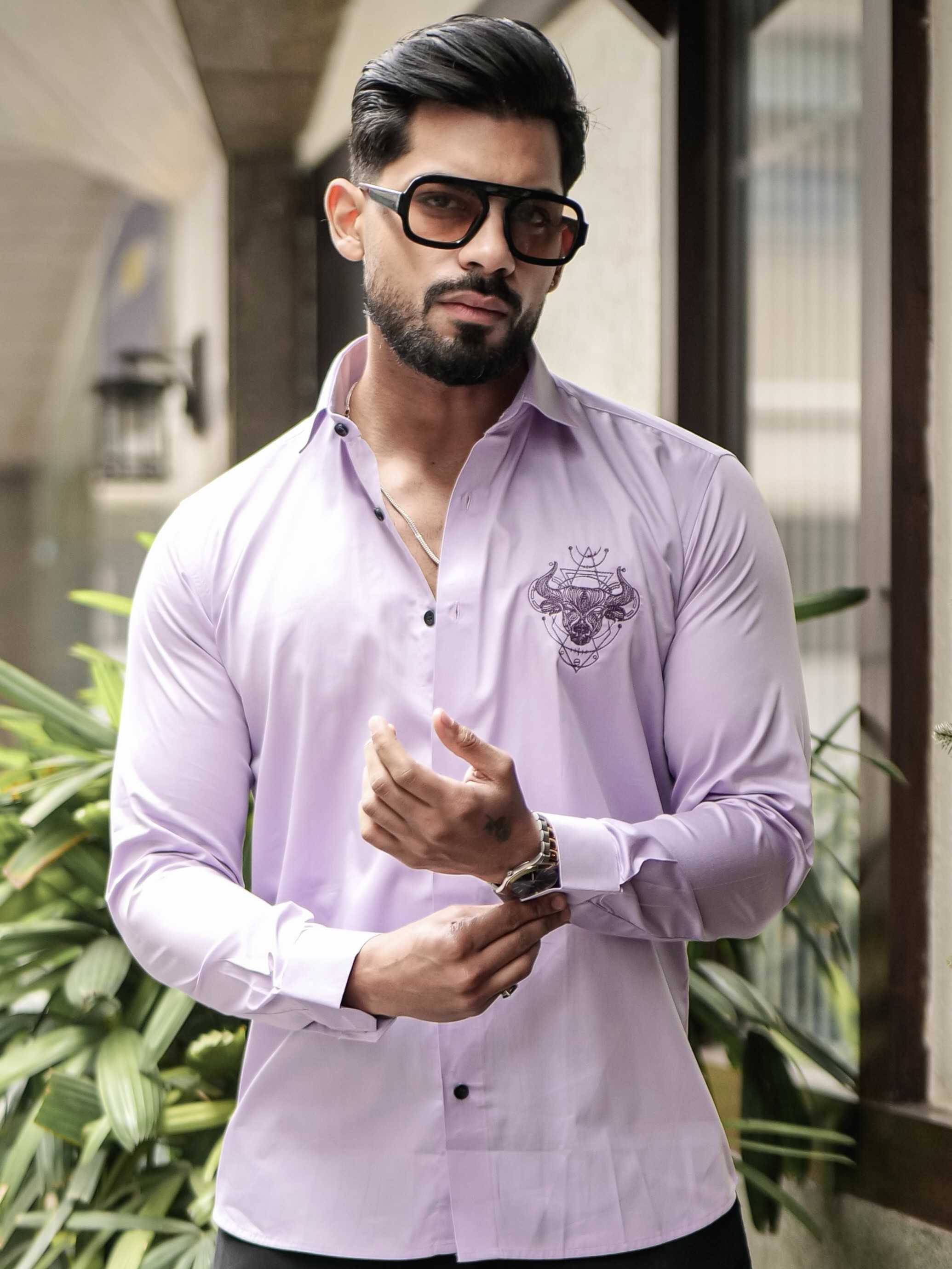 LIGHT PURPLE EMBROIDERED DESIGNER SATIN COTTON SHIRT FOR MEN'S