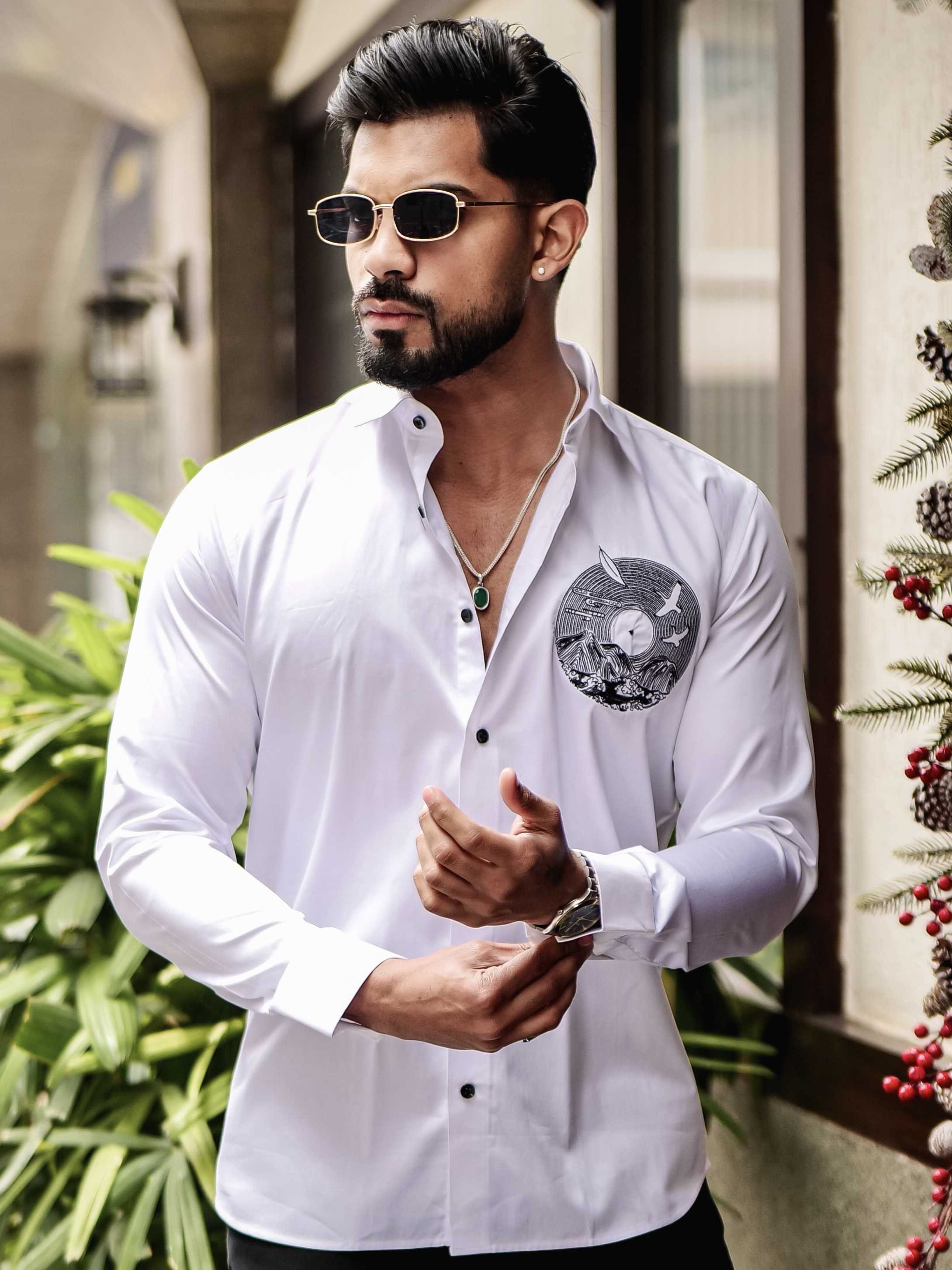 WHITE CLUB WEAR EMBROIDERY SATIN COTTON SHIRT