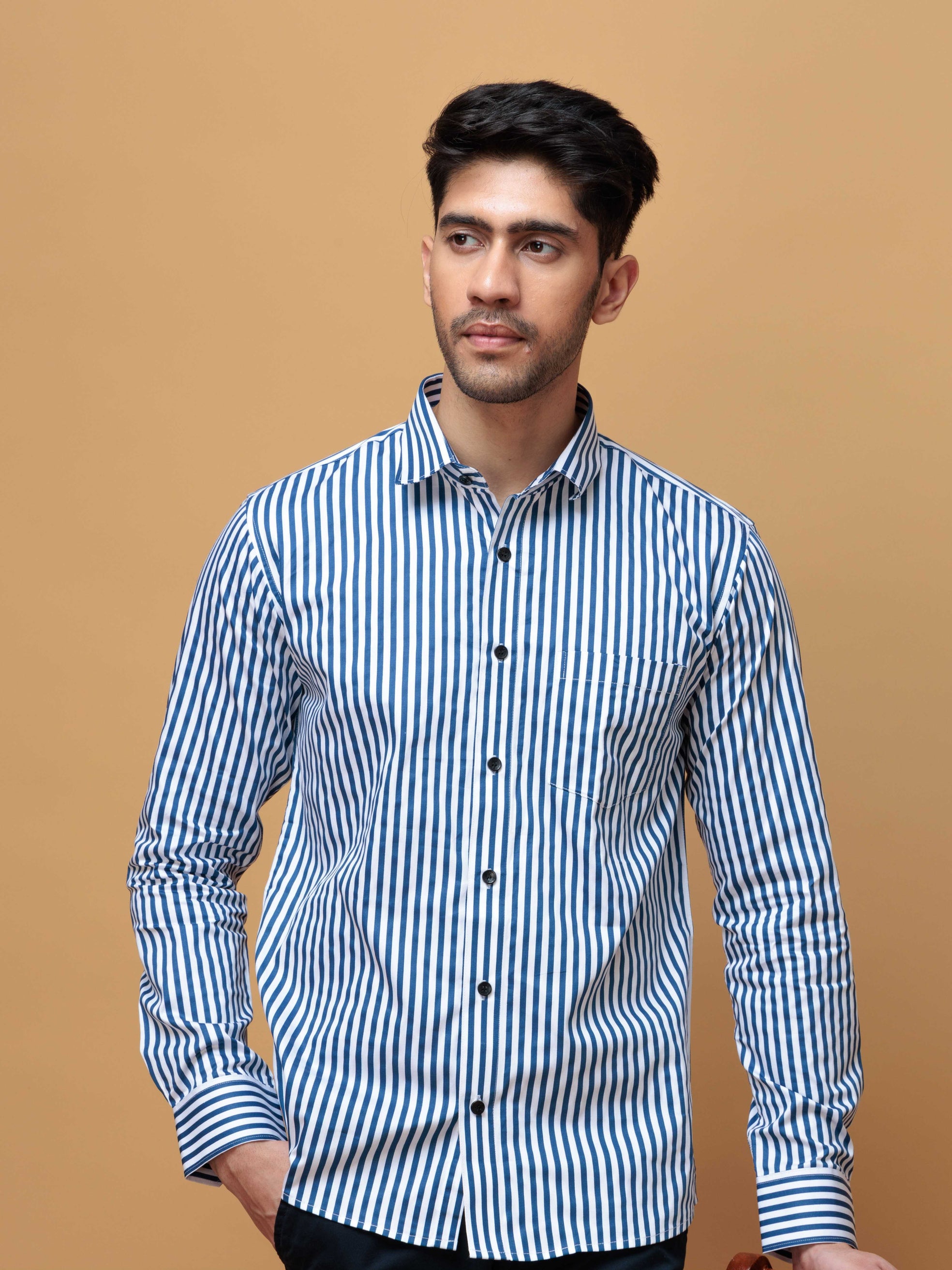 BLUE STRIPED COTTON REGULAR FIT MEN'S CASUAL SHIRT FOR MEN'S