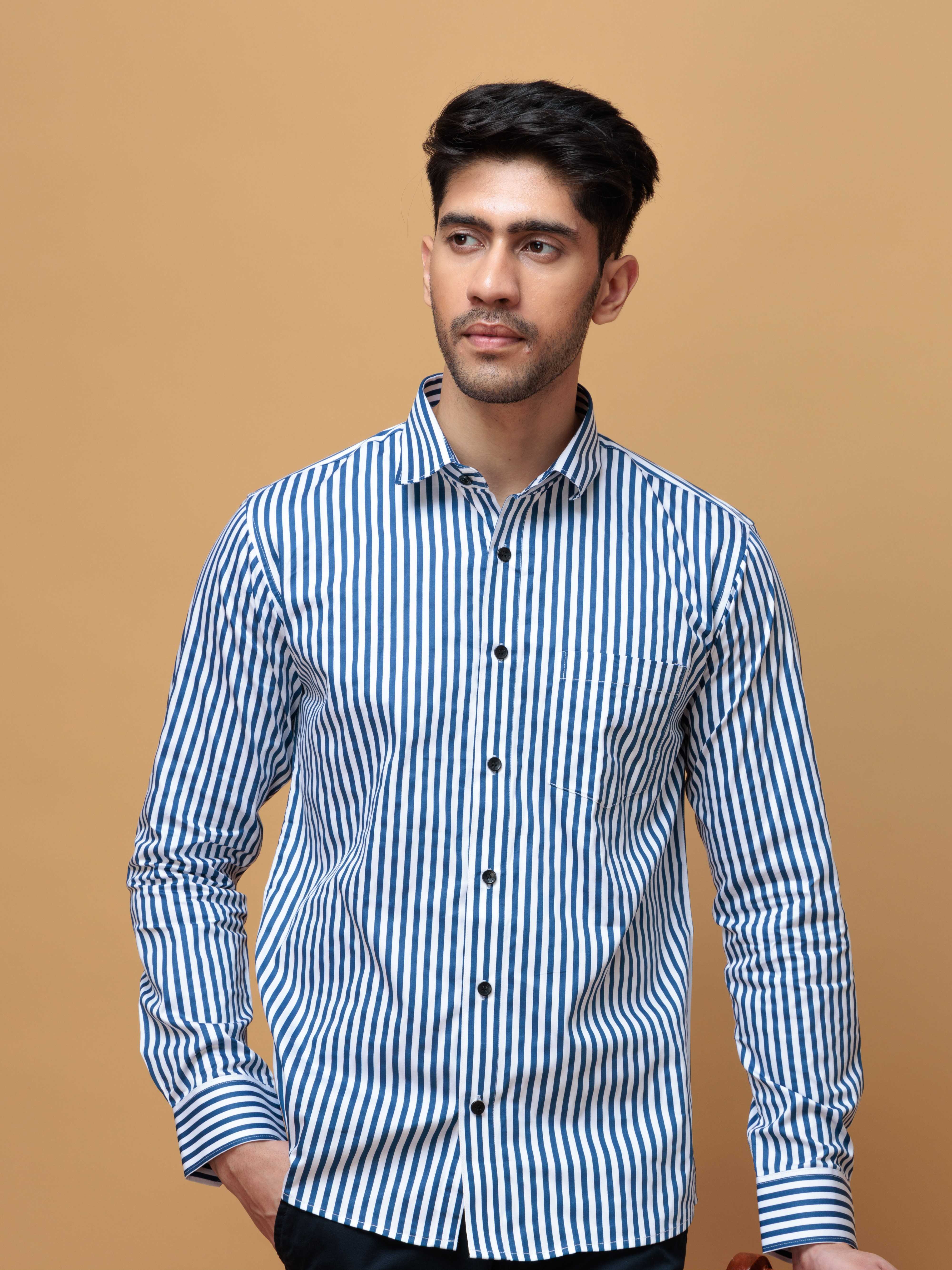 BLUE STRIPED COTTON REGULAR FIT MEN&#39;S CASUAL SHIRT FOR MEN&#39;S