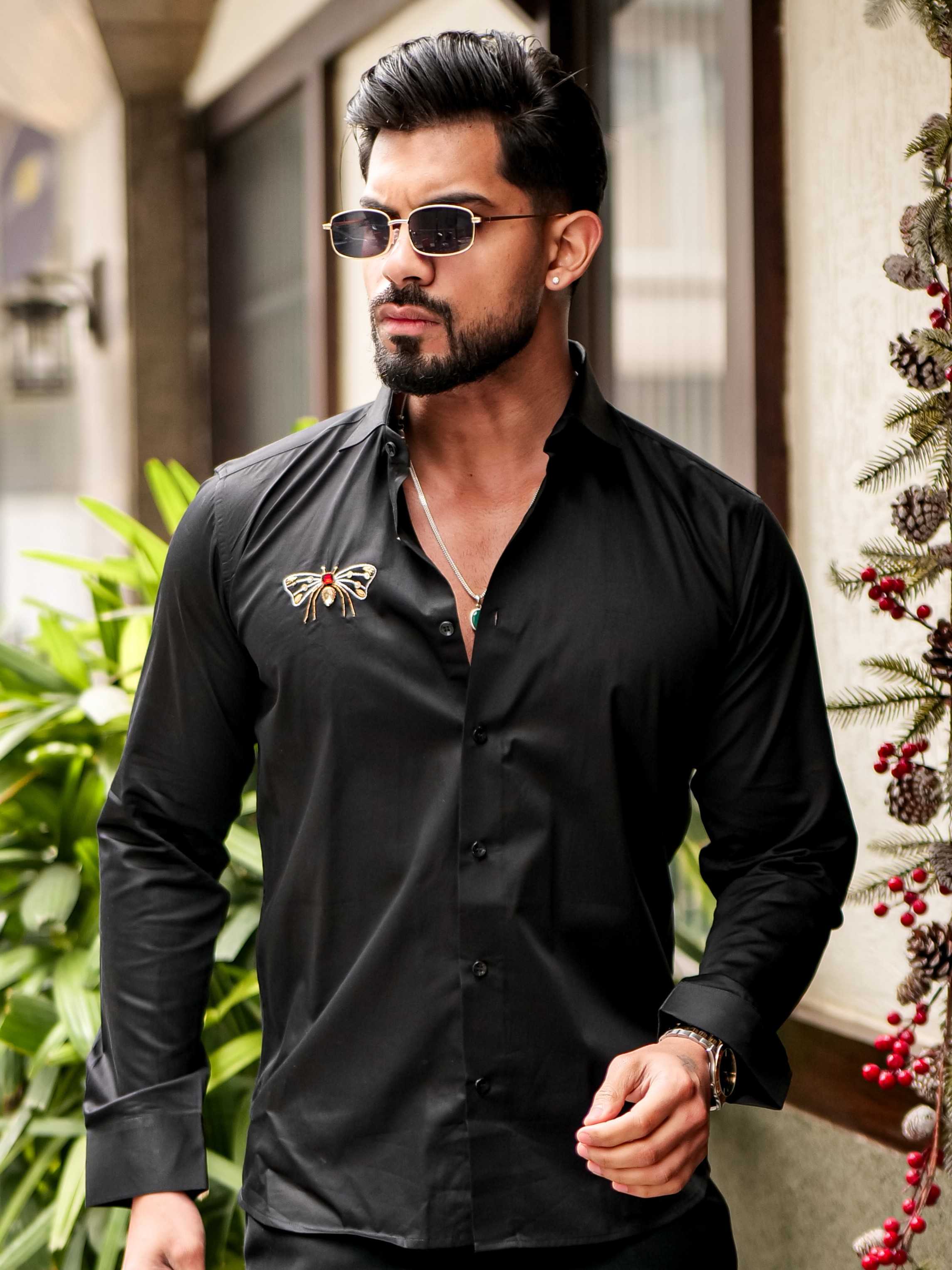 FOOMER BLACK RHINESTONE HAND WORK SATIN COTTON PREMIUM MEN'S SHIRT