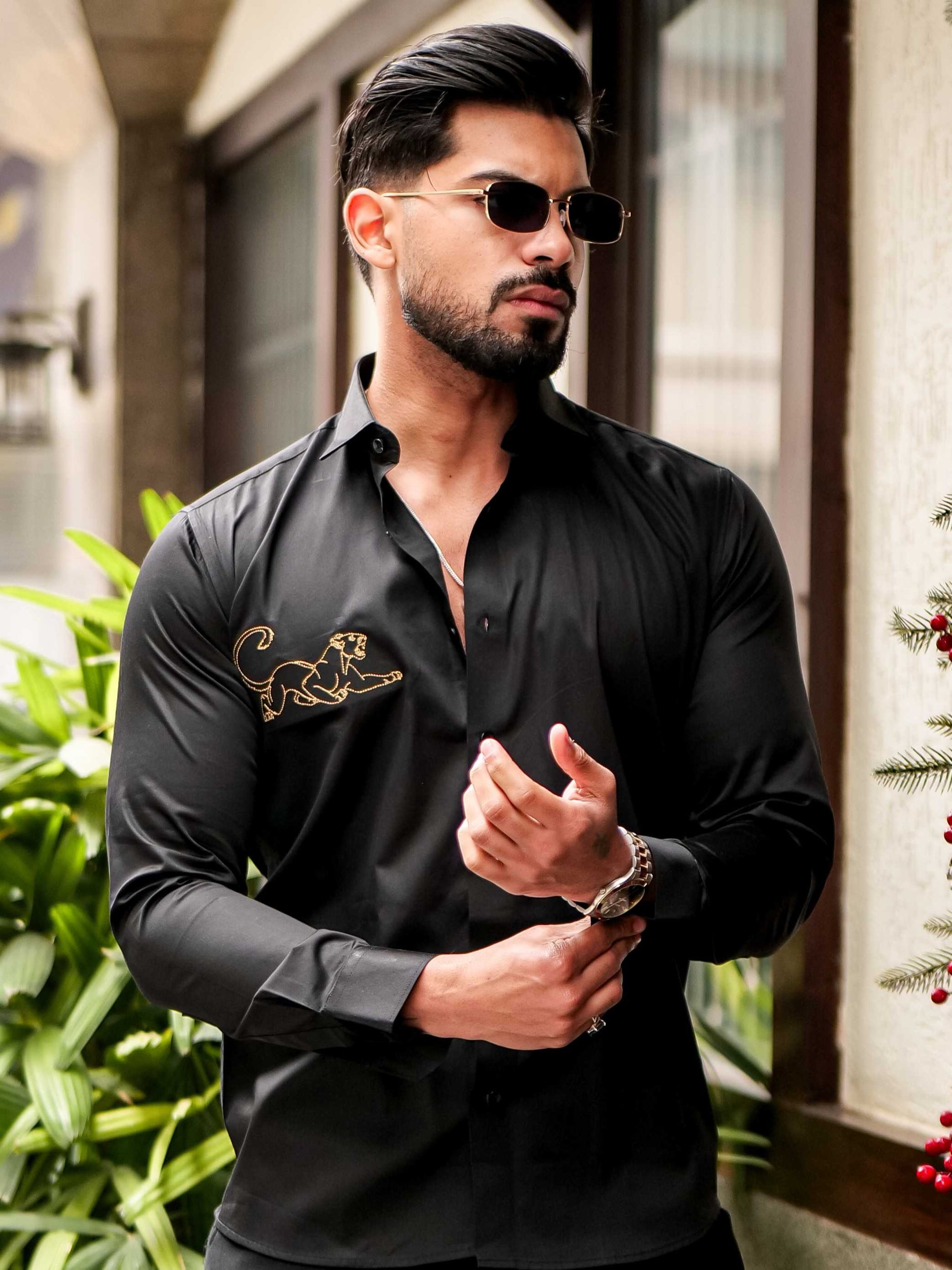 BLACK EMBROIDERED DESIGNER SATIN COTTON SHIRT FOR MEN'S