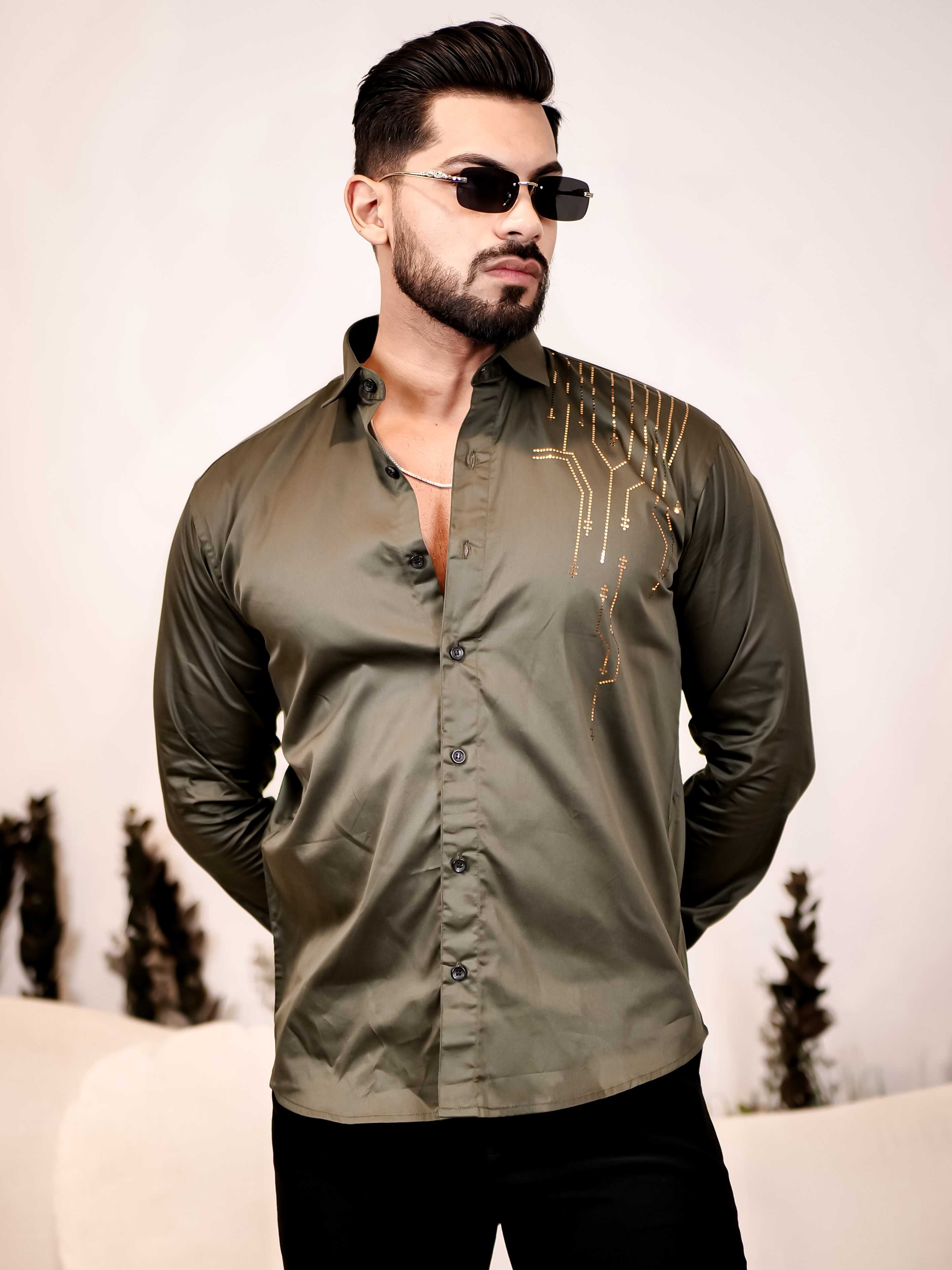 Olive Green Sequence Club Wear Satin Cotton Party Shirt