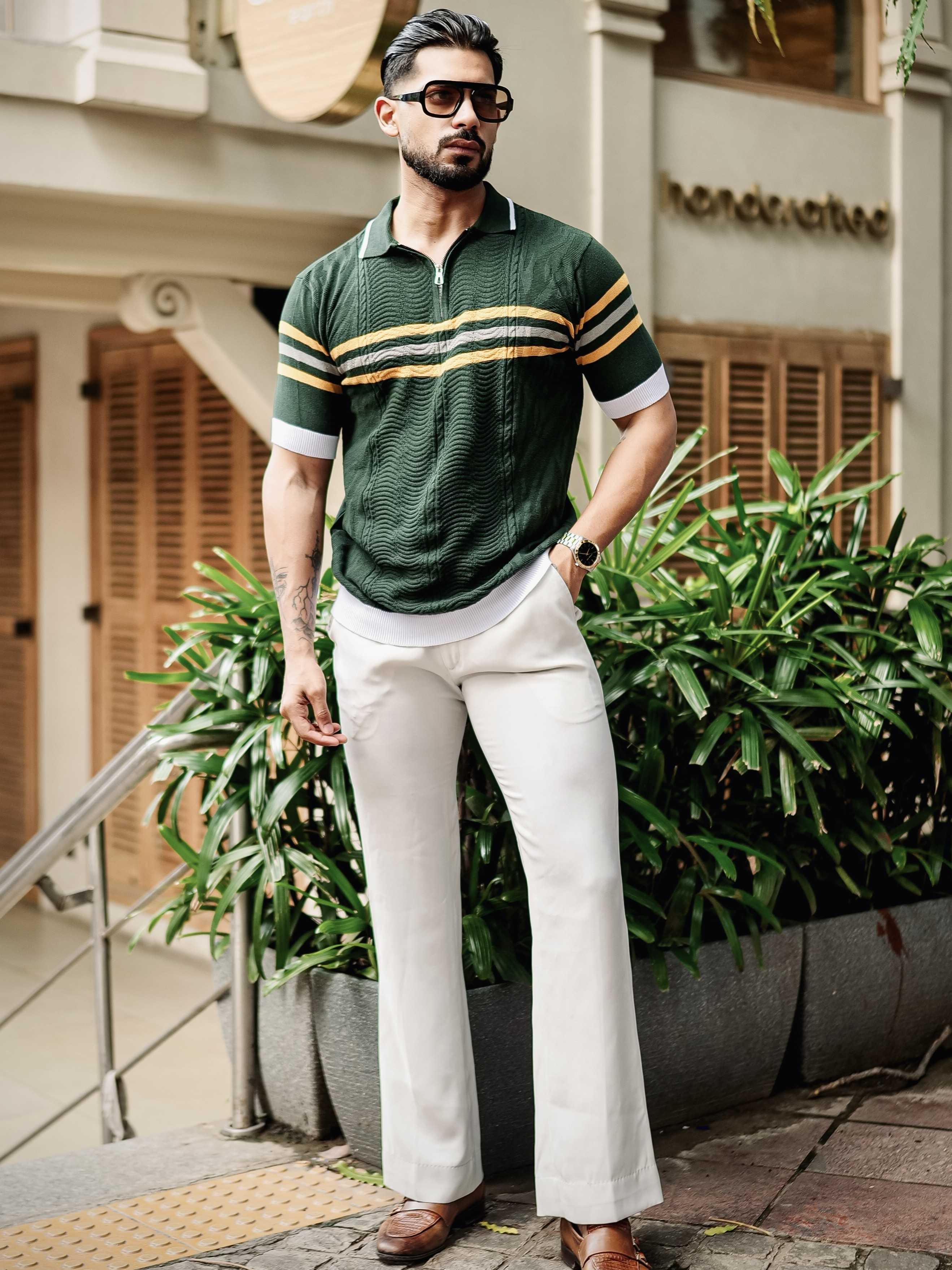 FOOMER GREEN HALF SLEEVE KNITTED TSHIRT FOR MEN'S