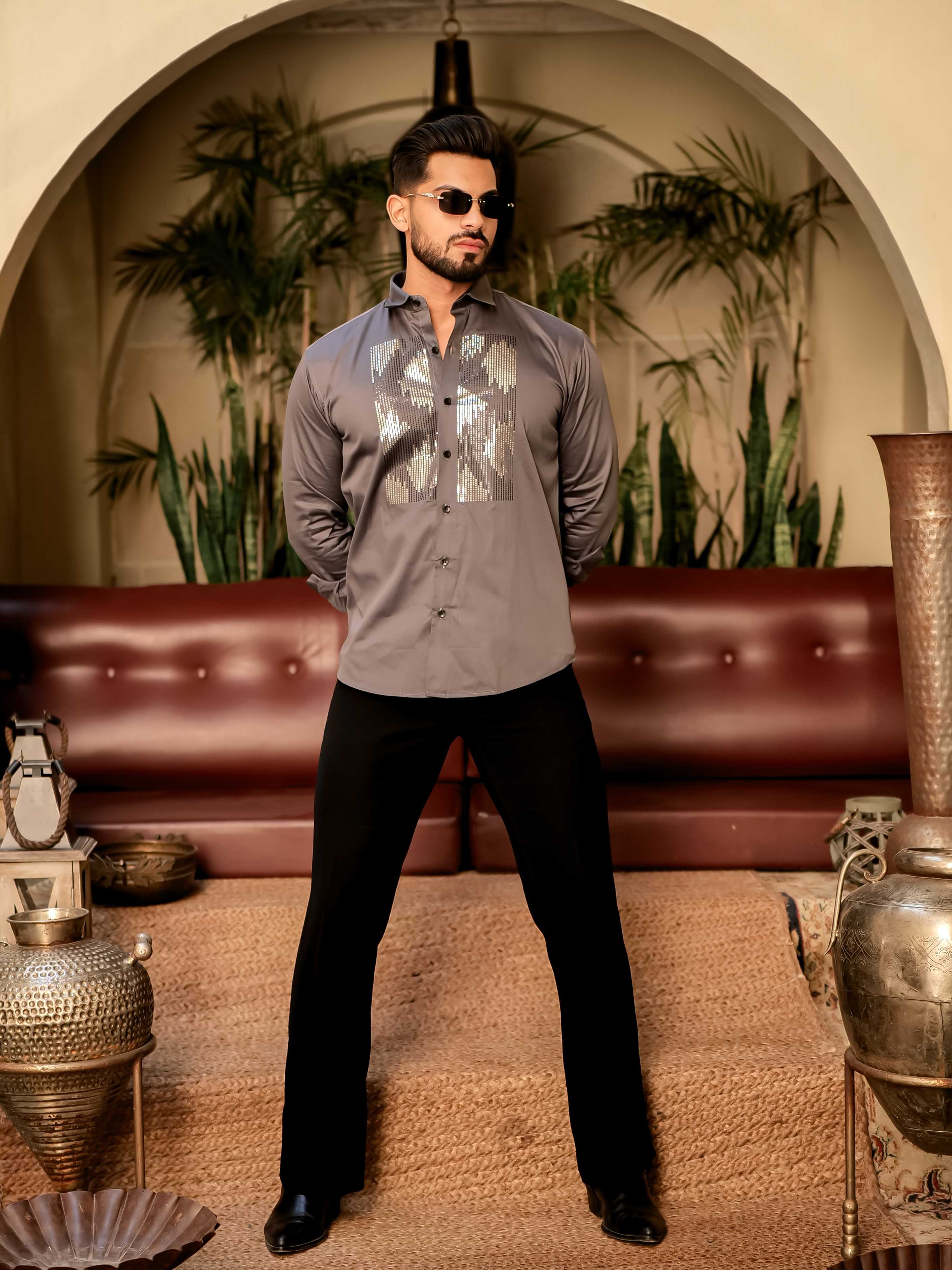 Dark Grey Sequence Club Wear Satin Cotton Party Shirt