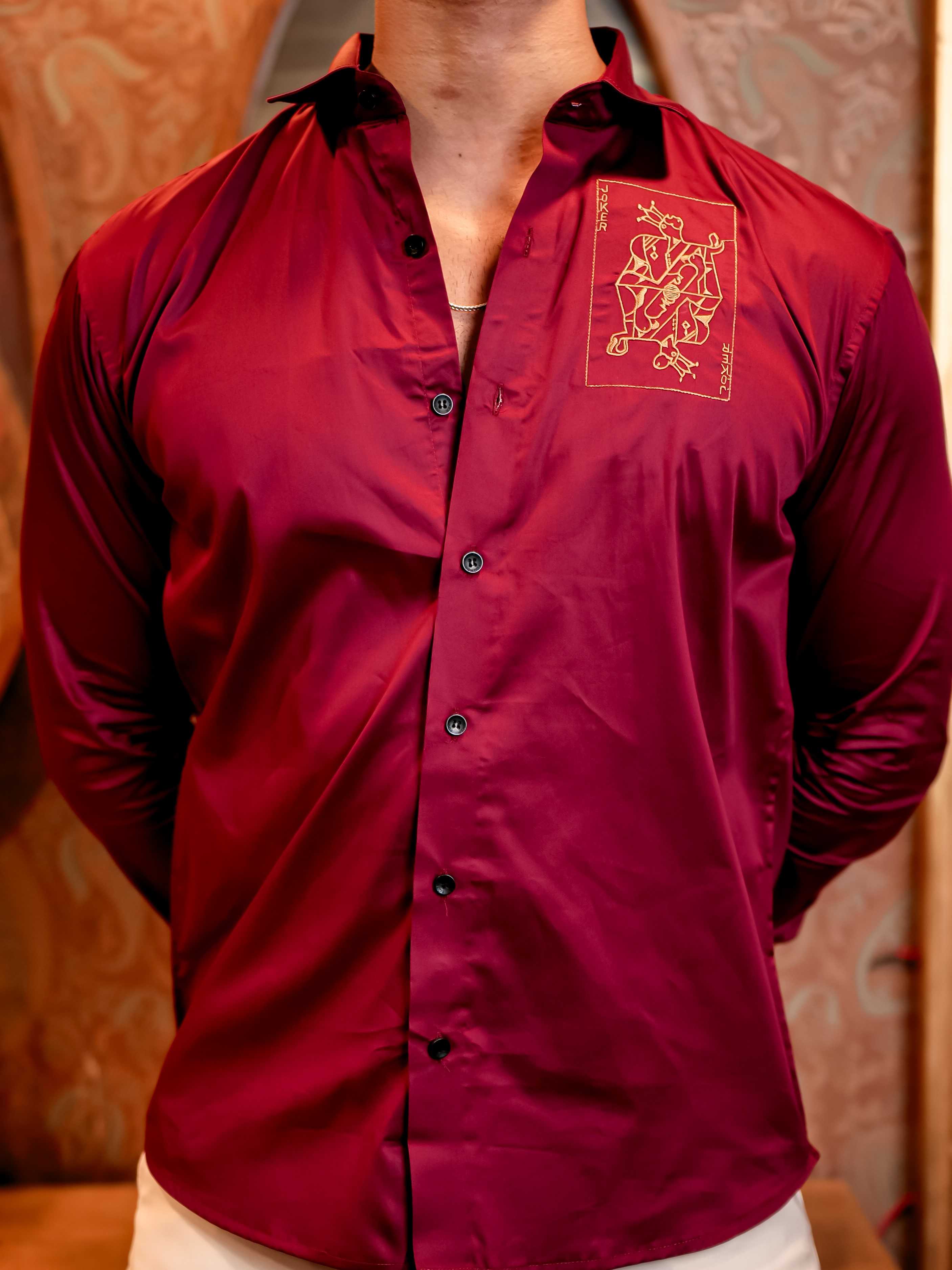 Joker Maroon Embroidered Club Wear Satin Cotton Shirt