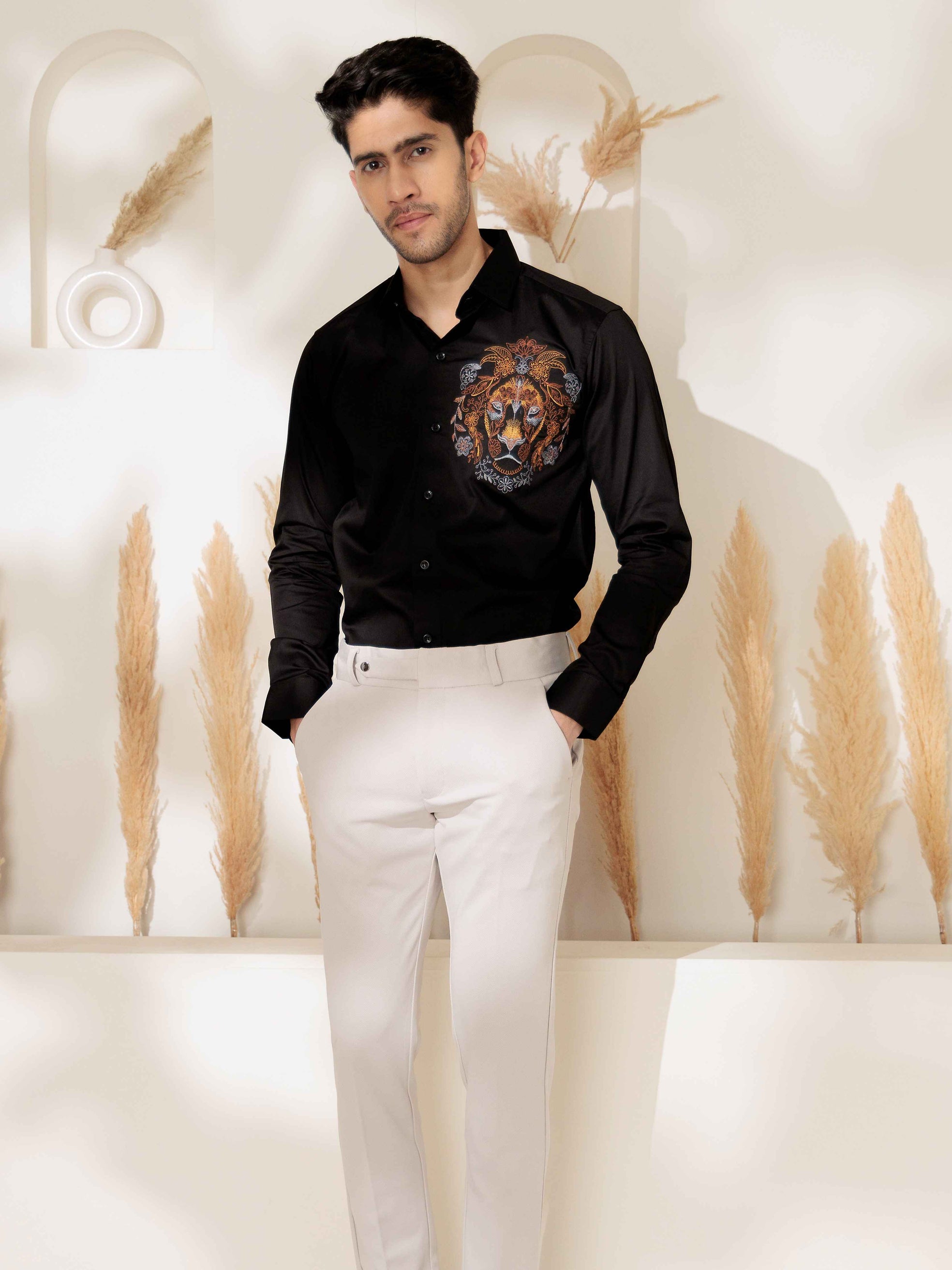 FOOMER BLACK LION EMBROIDERED CLUB WEAR SATIN COTTON SHIRT