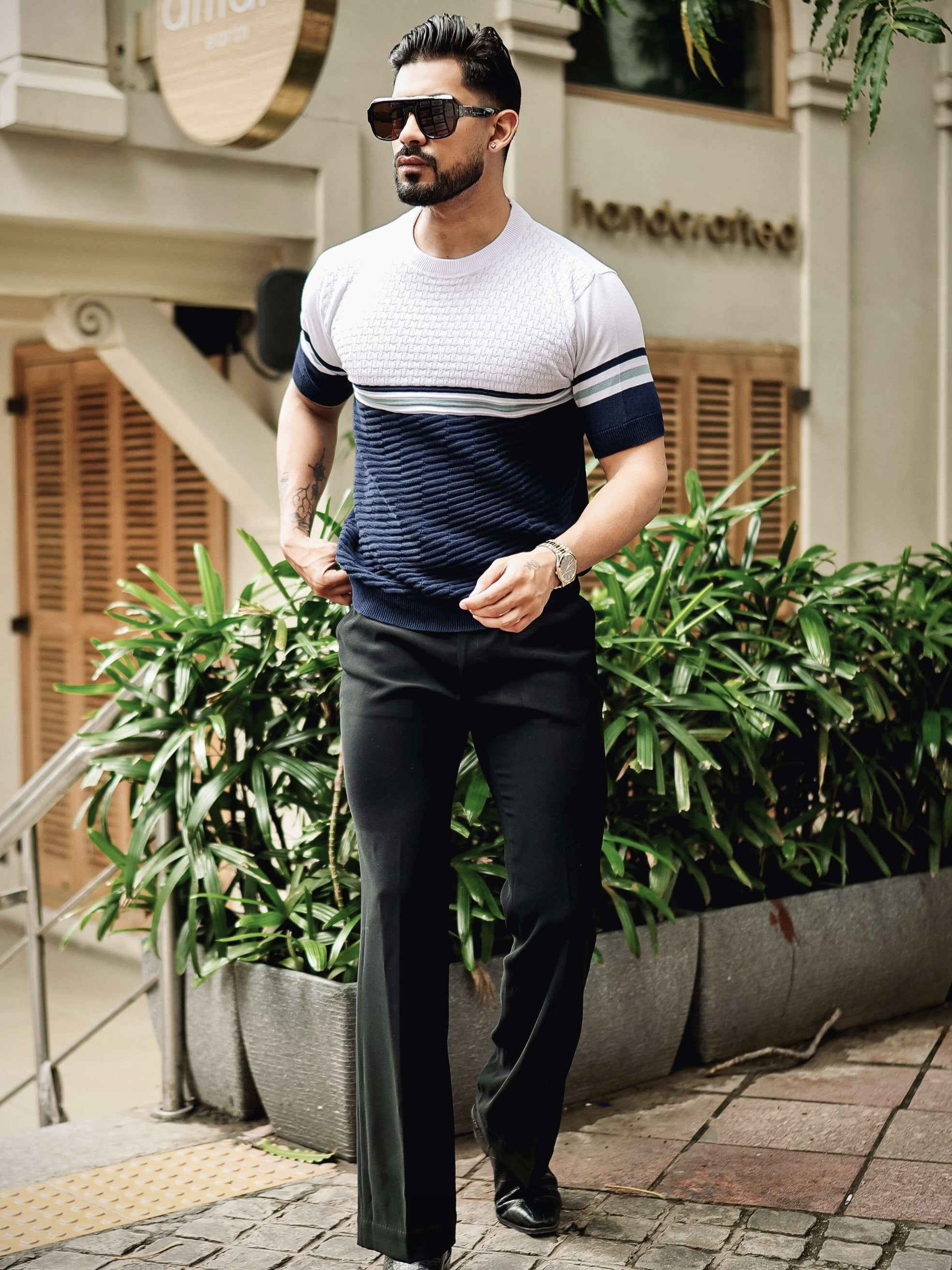 FOOMER NAVY HALF SLEEVE KNITTED TSHIRT FOR MEN'S