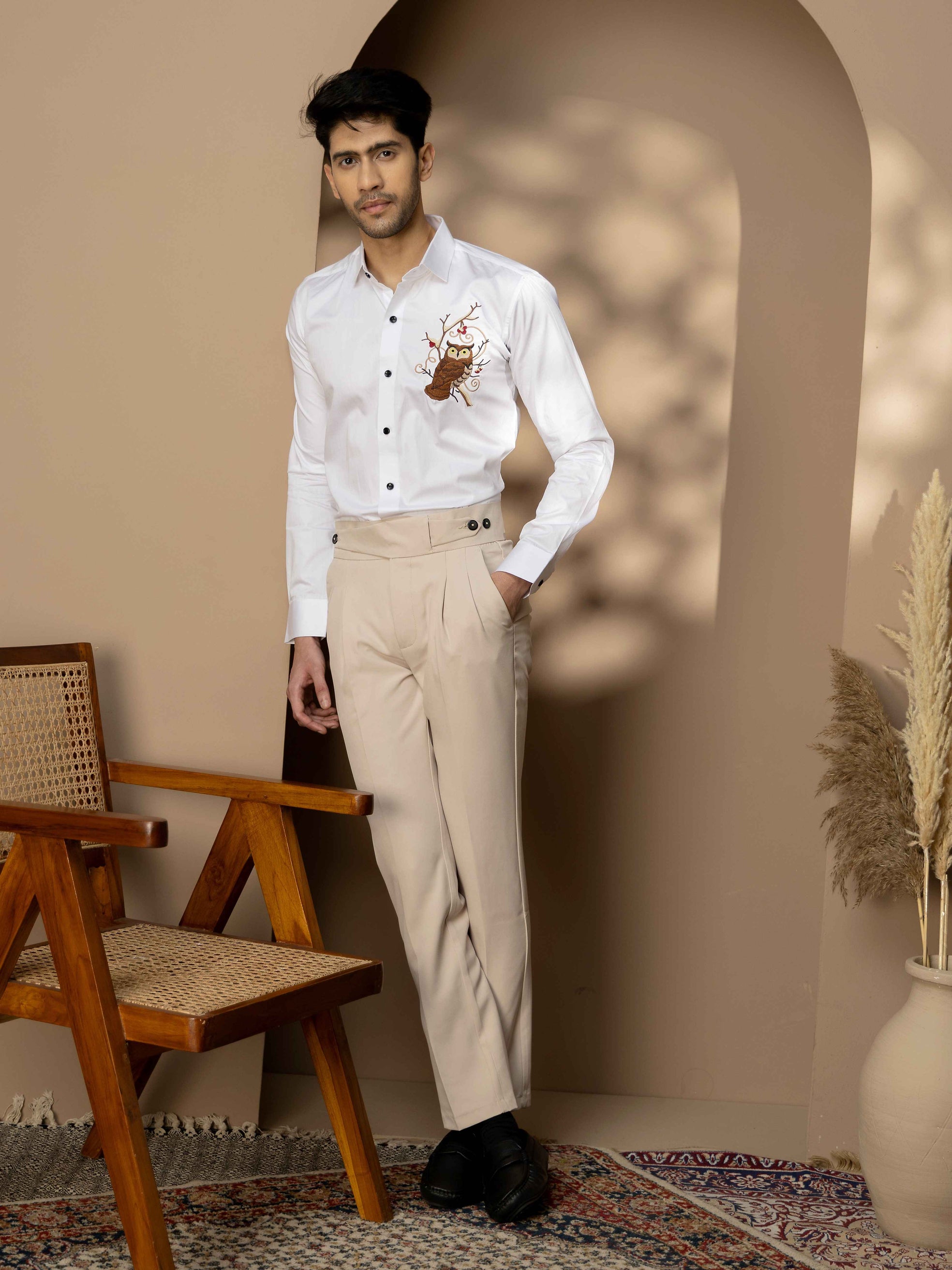 FOOMER WHITE OWL EMBROIDERED CLUB WEAR SATIN COTTON SHIRT