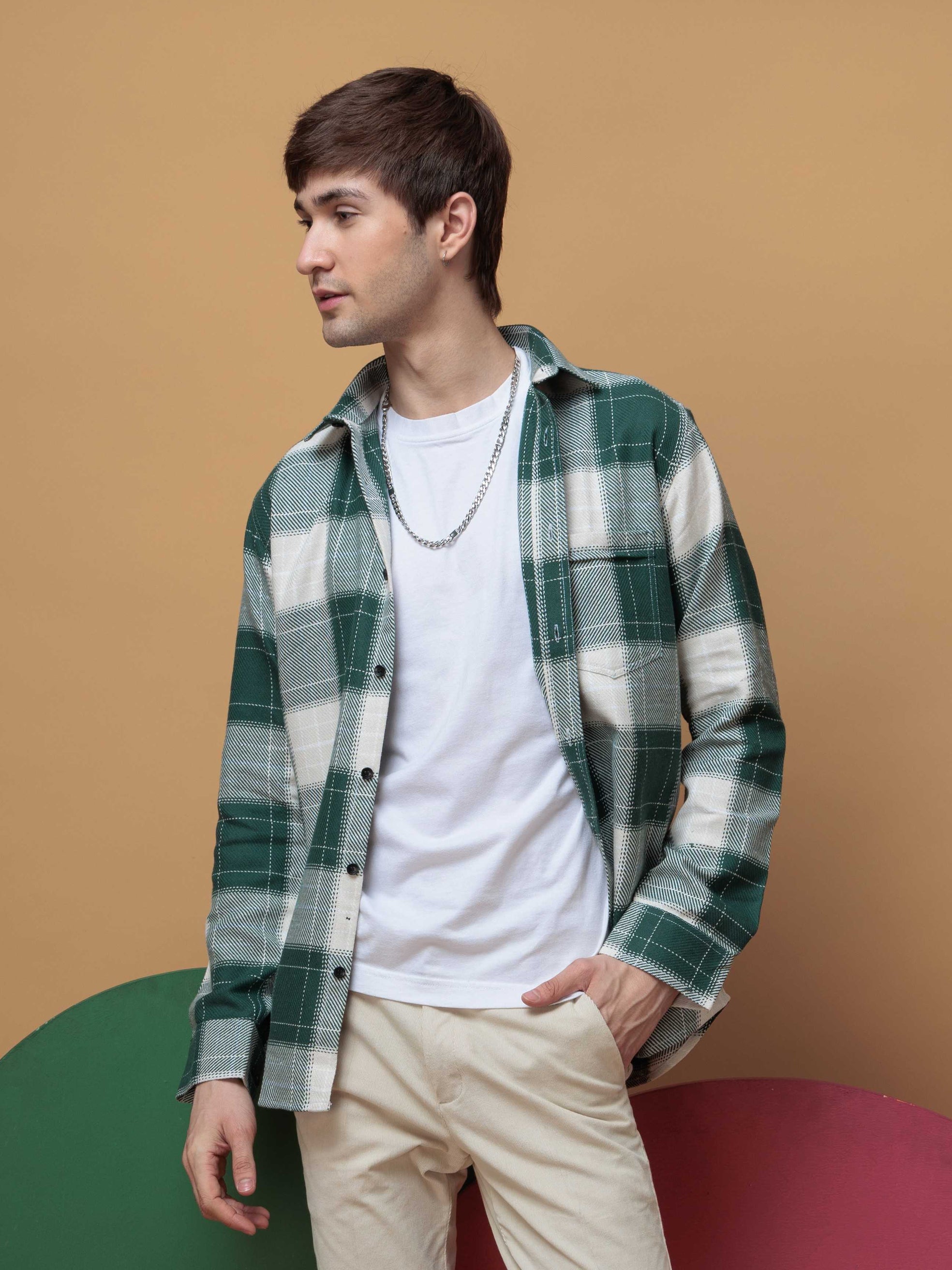 FOOMER TARTAN GREEN CHECKED CASUAL SHIRT FOR MEN'S