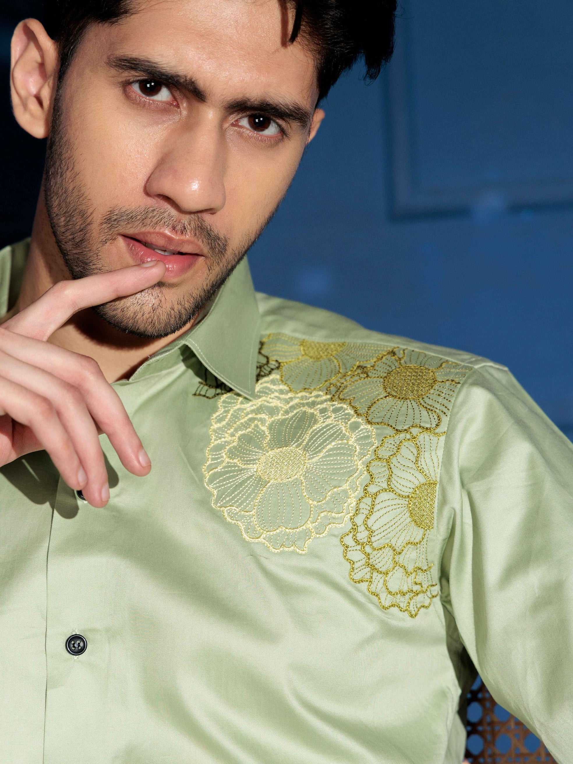 FOOMER FLOWER EMBROIDERED CLUB WEAR SATIN COTTON SHIRT
