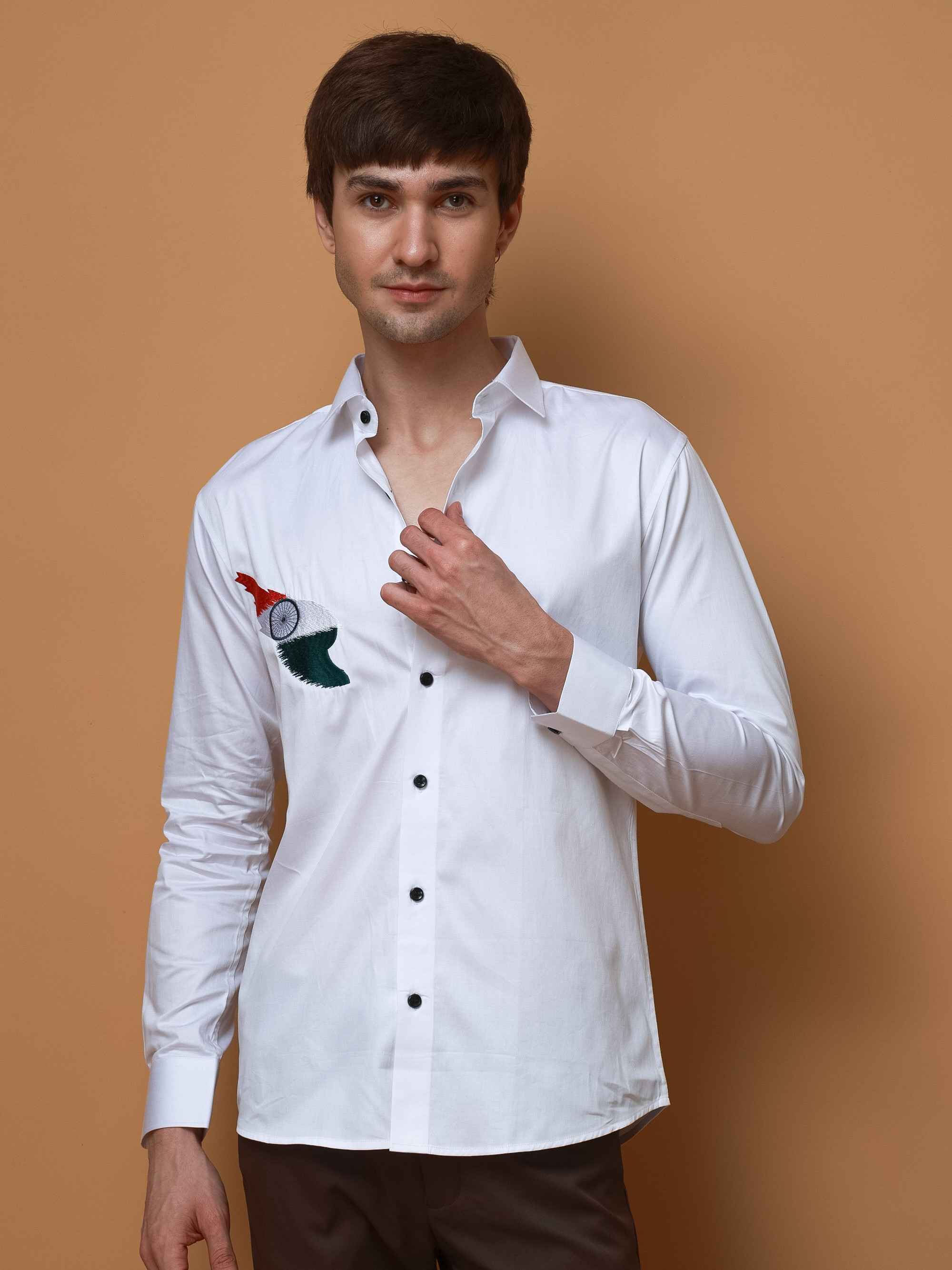 WHITE TIRANGA EMBROIDERED DESIGNER SATIN COTTON SHIRT FOR MEN&#39;S