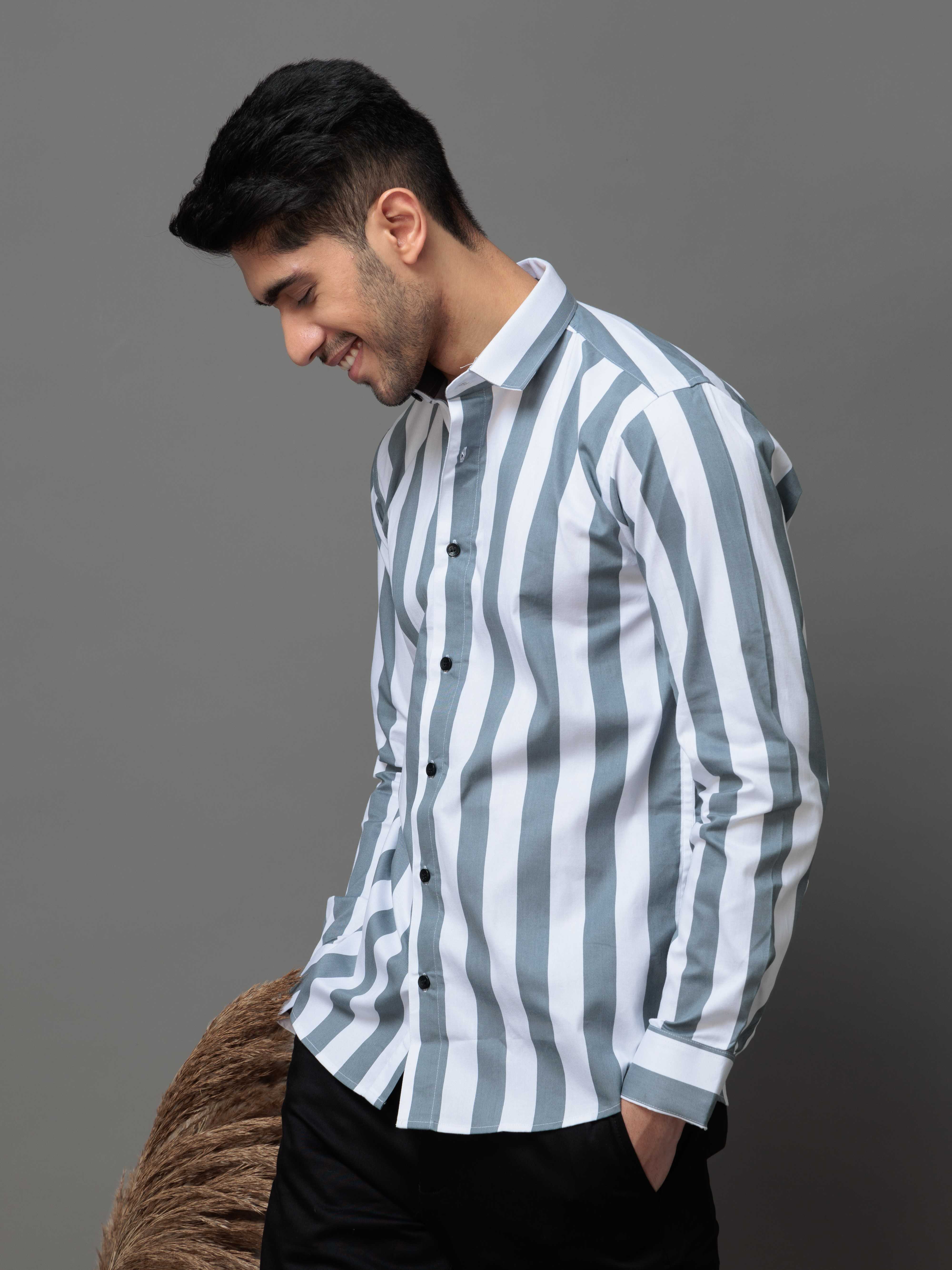 GREY STRIPED COTTON CASUAL SHIRT FOR MEN&#39;S