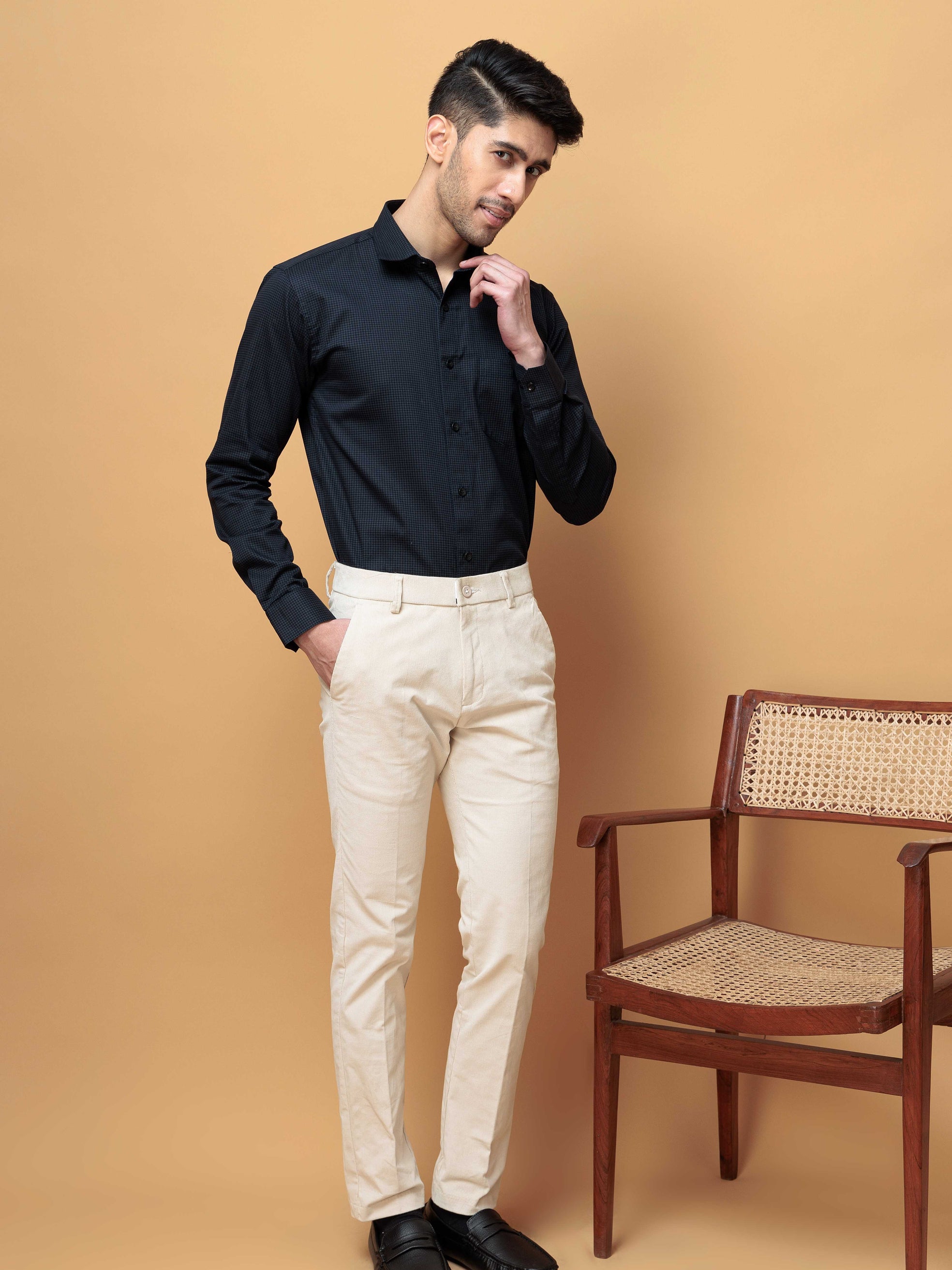 FOOMER NAVY MINI CHECKED COTTON CASUAL SHIRT FOE MEN'S