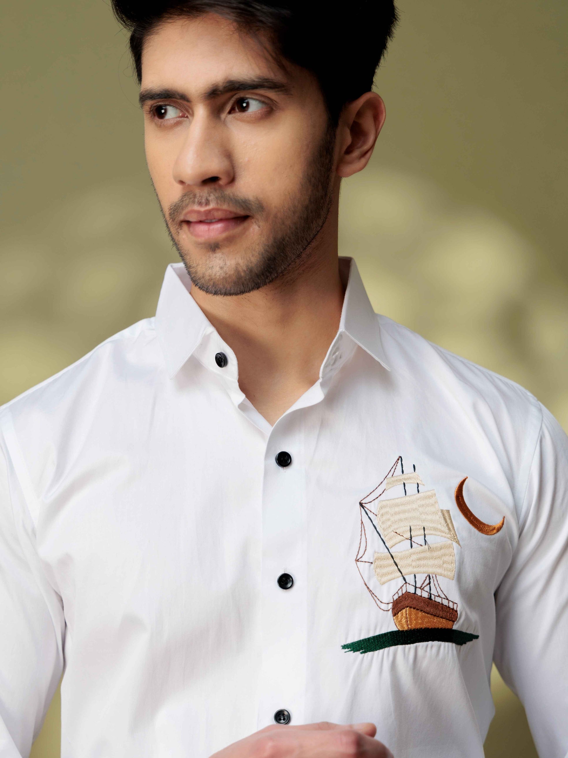 FOOMER WHITE BOAT EMBROIDERED DESIGNER WEAR SATIN COTTON SHIRT FOR MEN