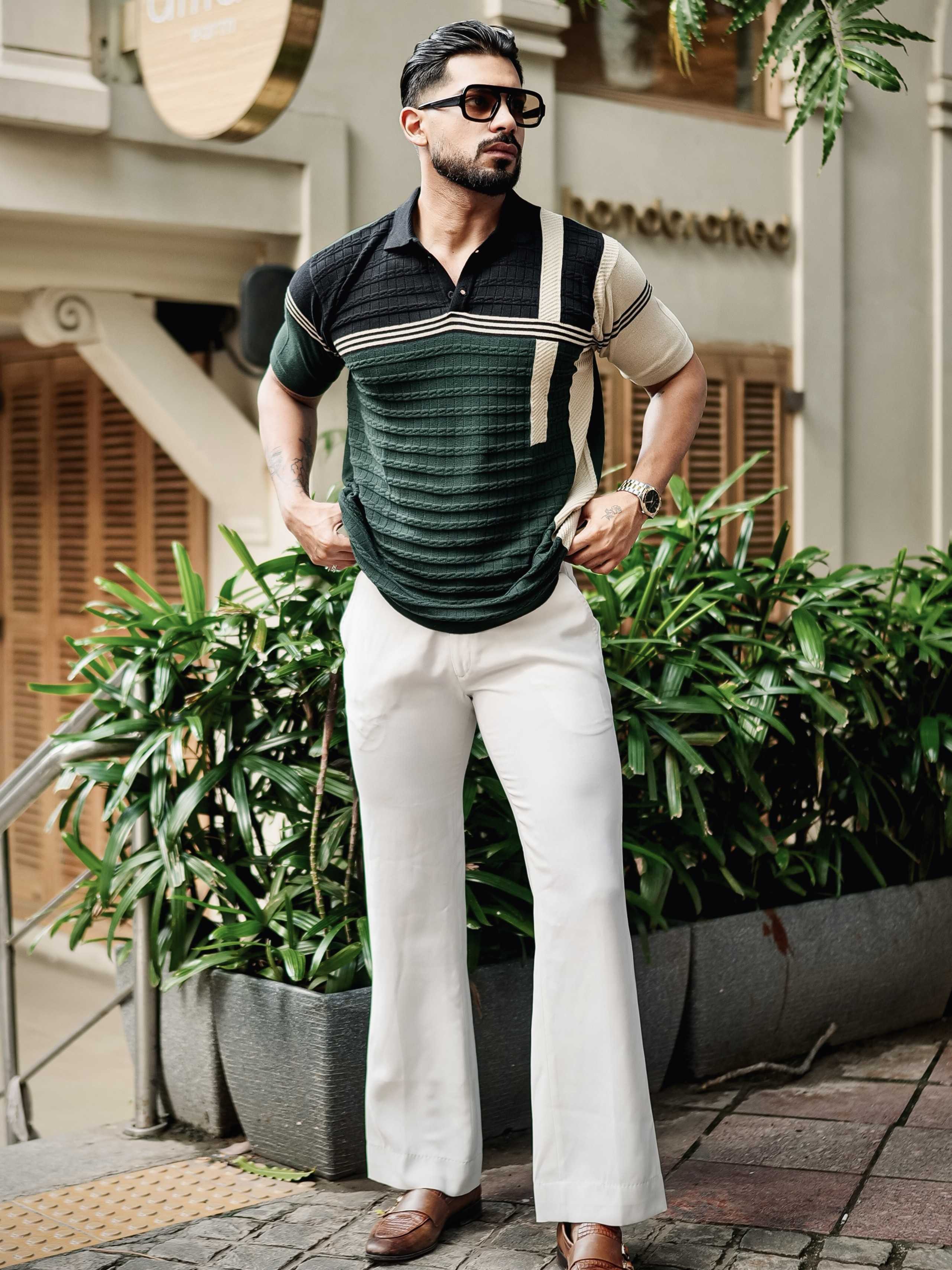 FOOMER GREEN HALF SLEEVE KNITTED TSHIRT FOR MEN'S