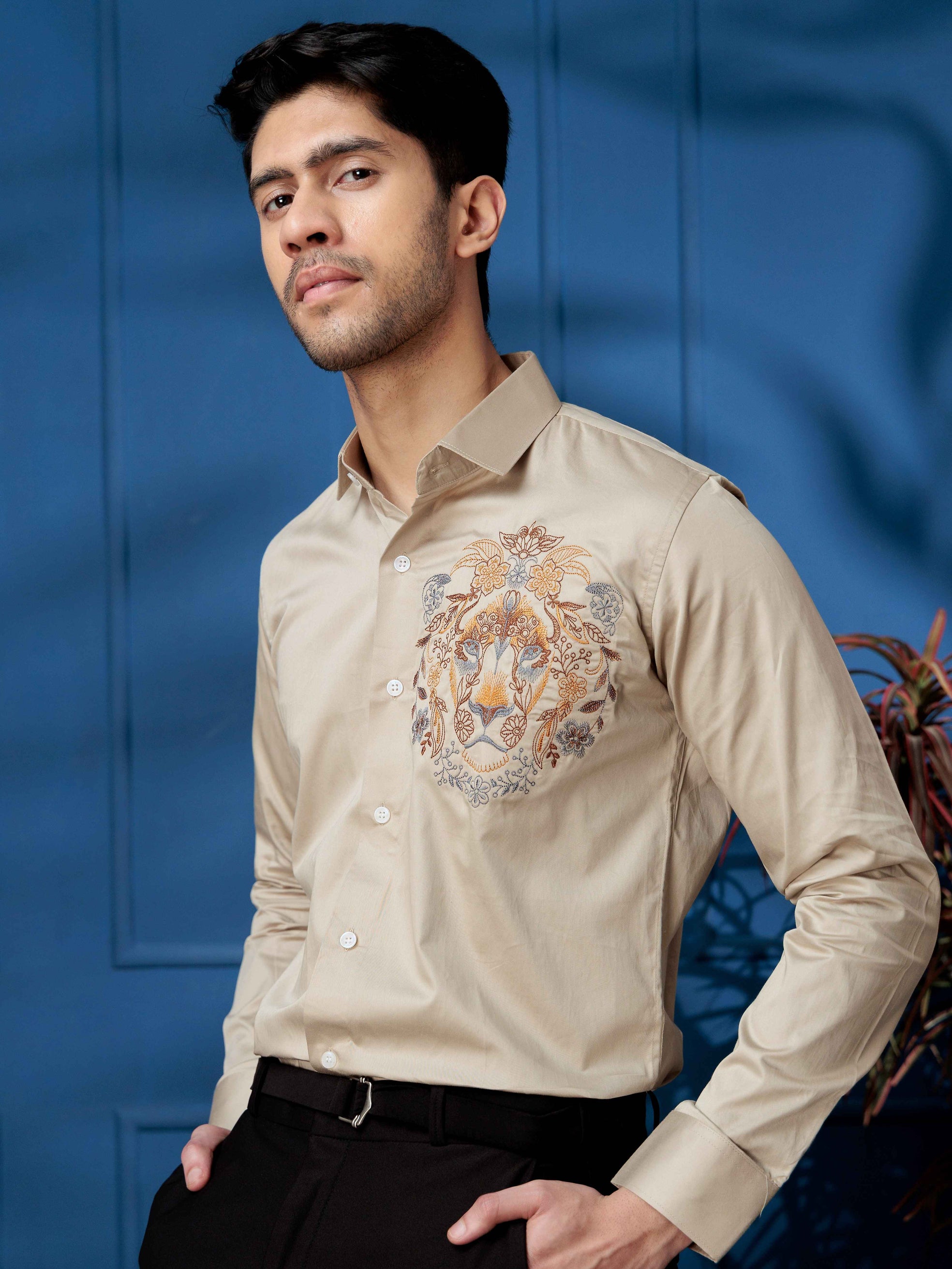 FOOMER CREAM LION EMBROIDERED CLUB WEAR SATIN COTTON SHIRT