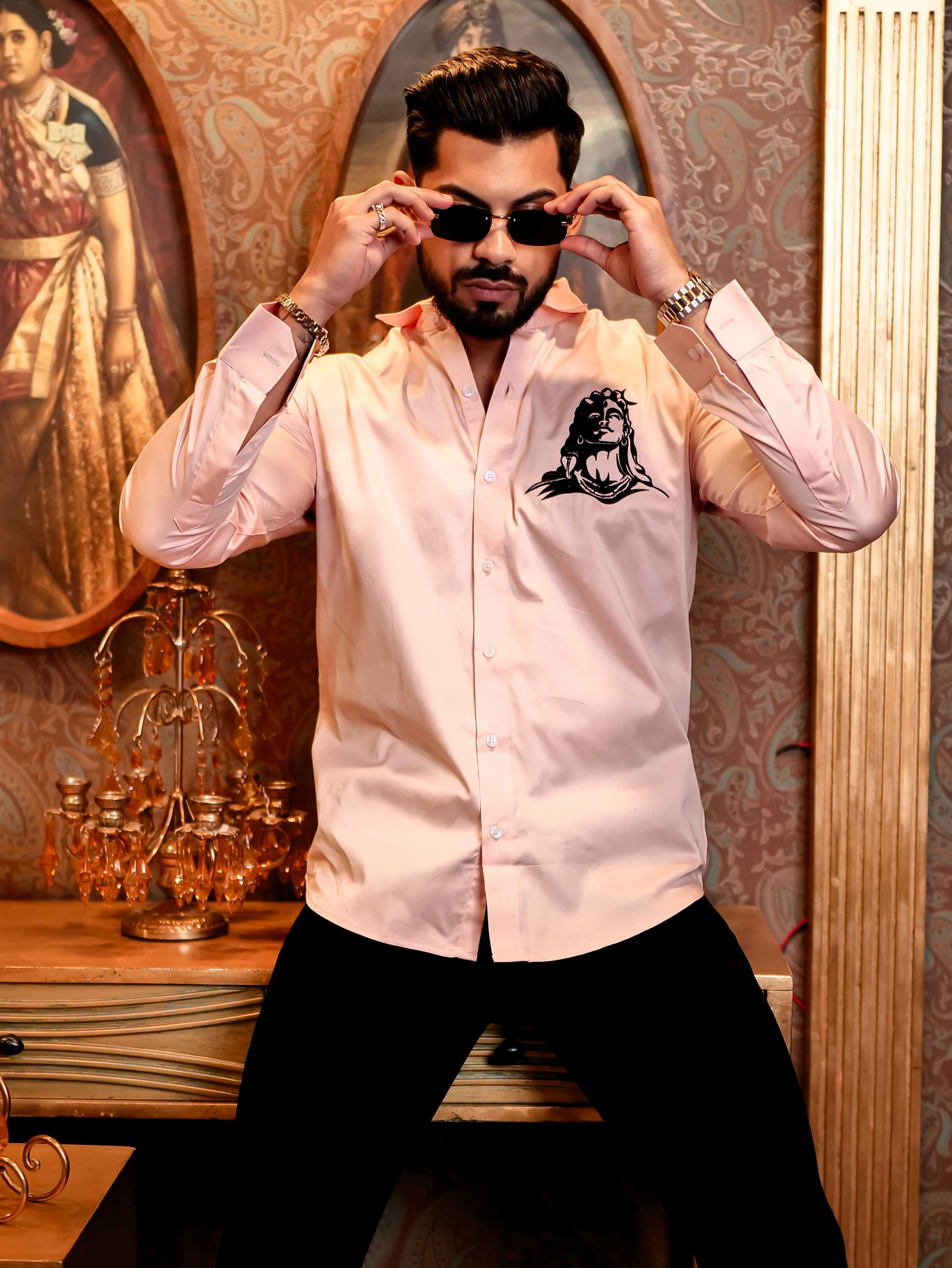 Adiyogi Shiva Pink Embroidered Designer Satin Cotton Shirt