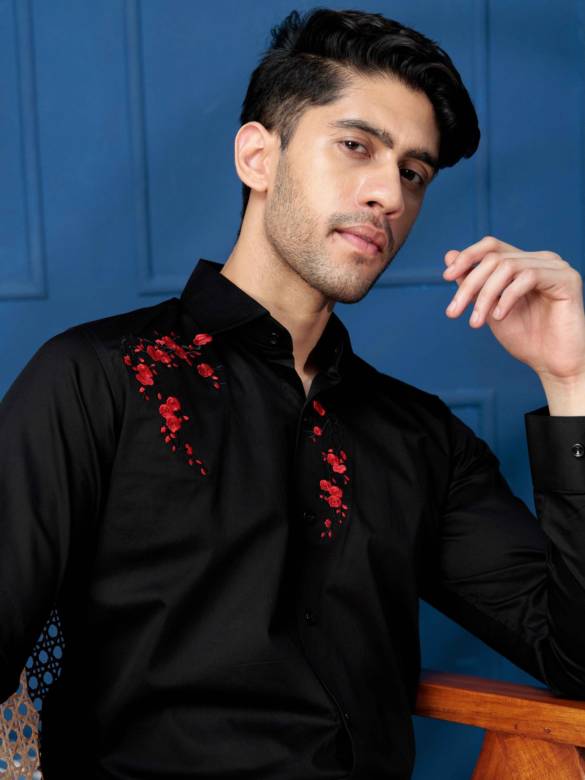 FOOMER BLACK  FLOWER EMBROIDERED DESIGNER WEAR SATIN COTTON SHIRT FOR MEN