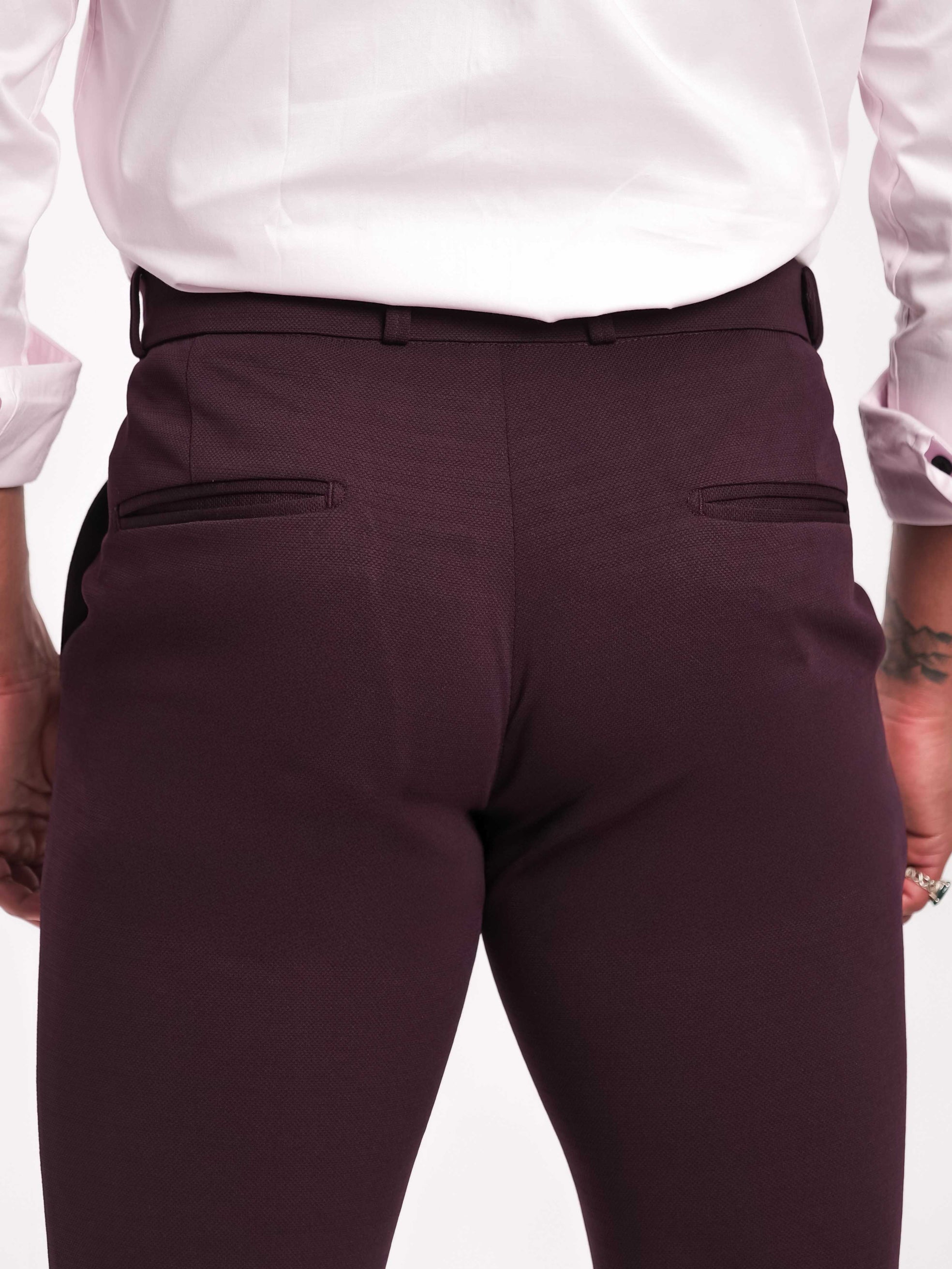 Foomer Dark Wine Sharp Fit Cotton Trouser For Men's