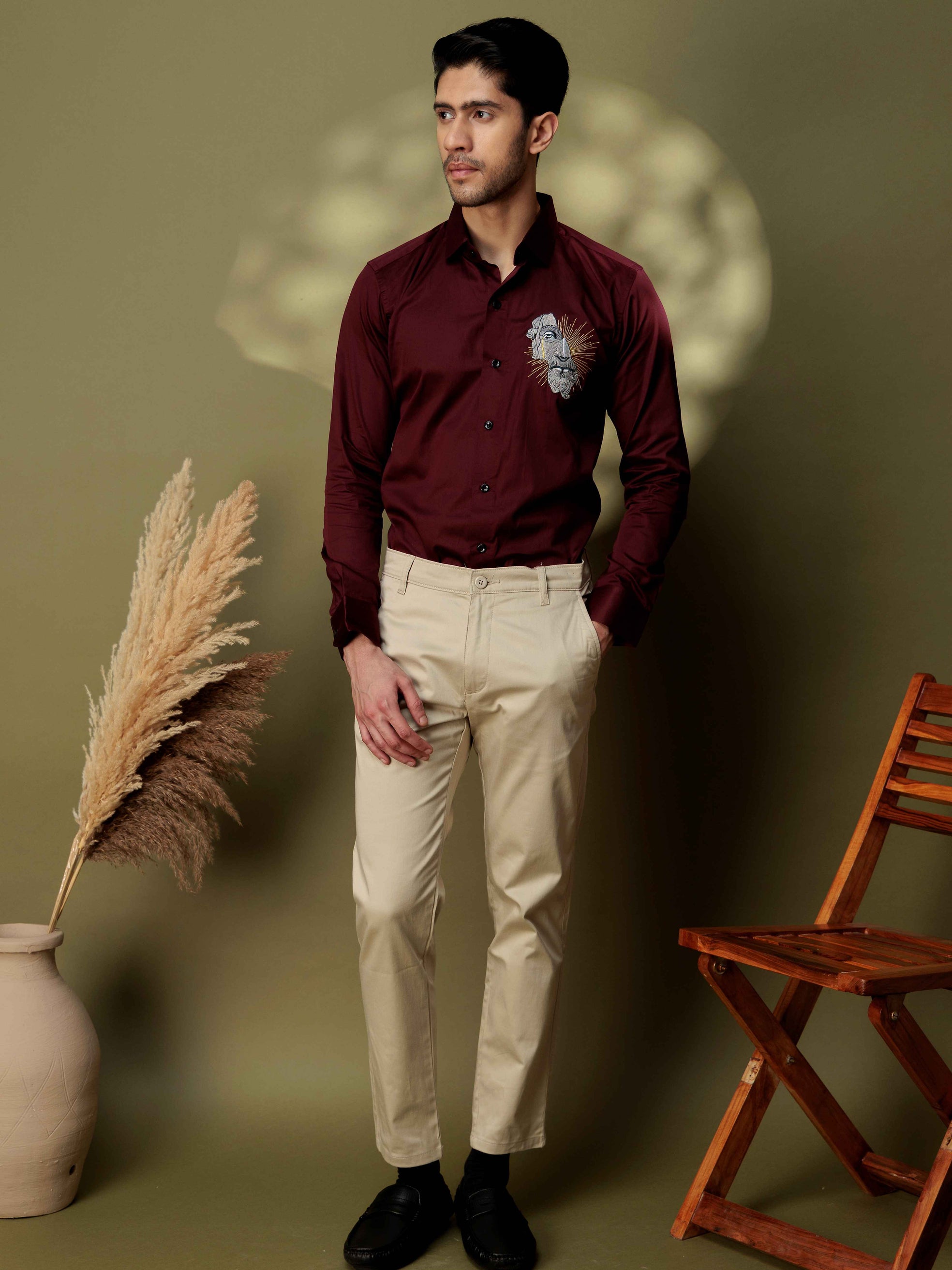 FOOMER GREEK STATUE EMBROIDERY DESIGNER  MAROON SATIN SHIRT FOR MEN
