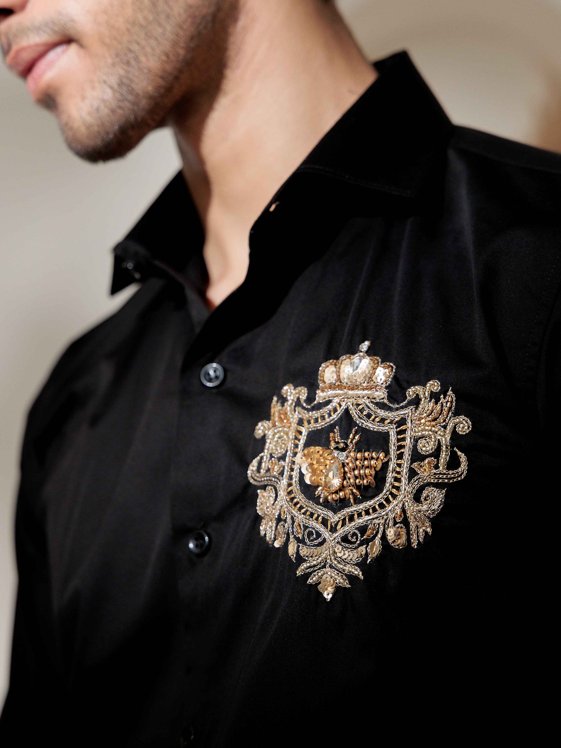 FOOMER BLACK RHINESTONE HAND WORK SATIN COTTON PREMIUM SHIRT