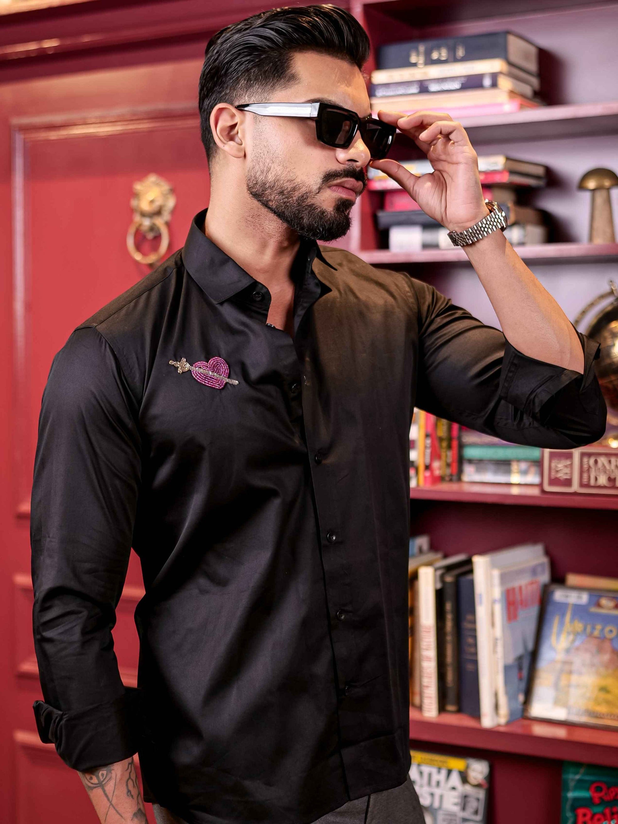 BLACK HEART RHINESTONE HAND WORK SATIN COTTON PREMIUM MEN'S SHIRT