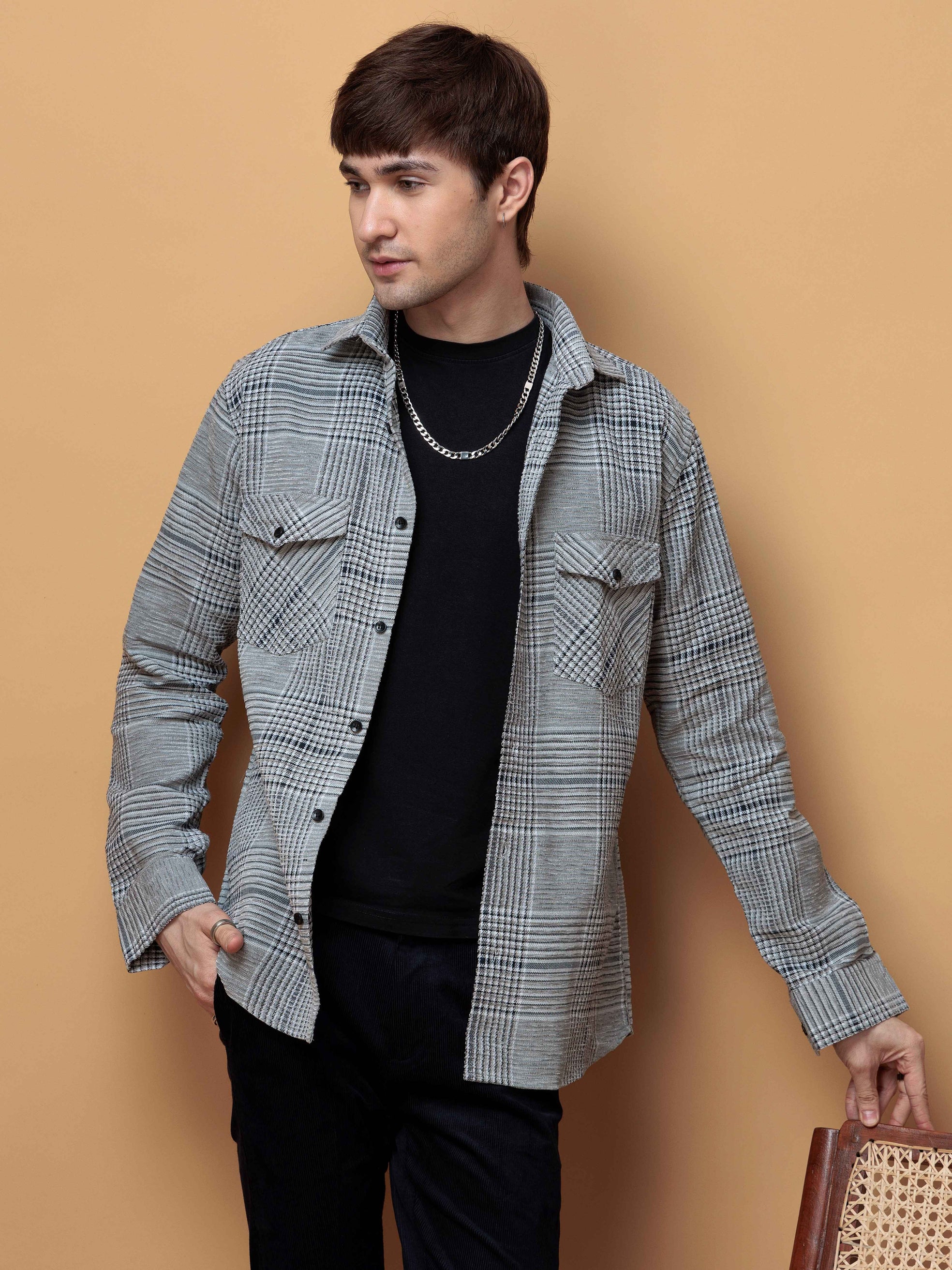 FOOMER GREY GLEN CHECKED CASUAL SHIRT FOR MEN'S